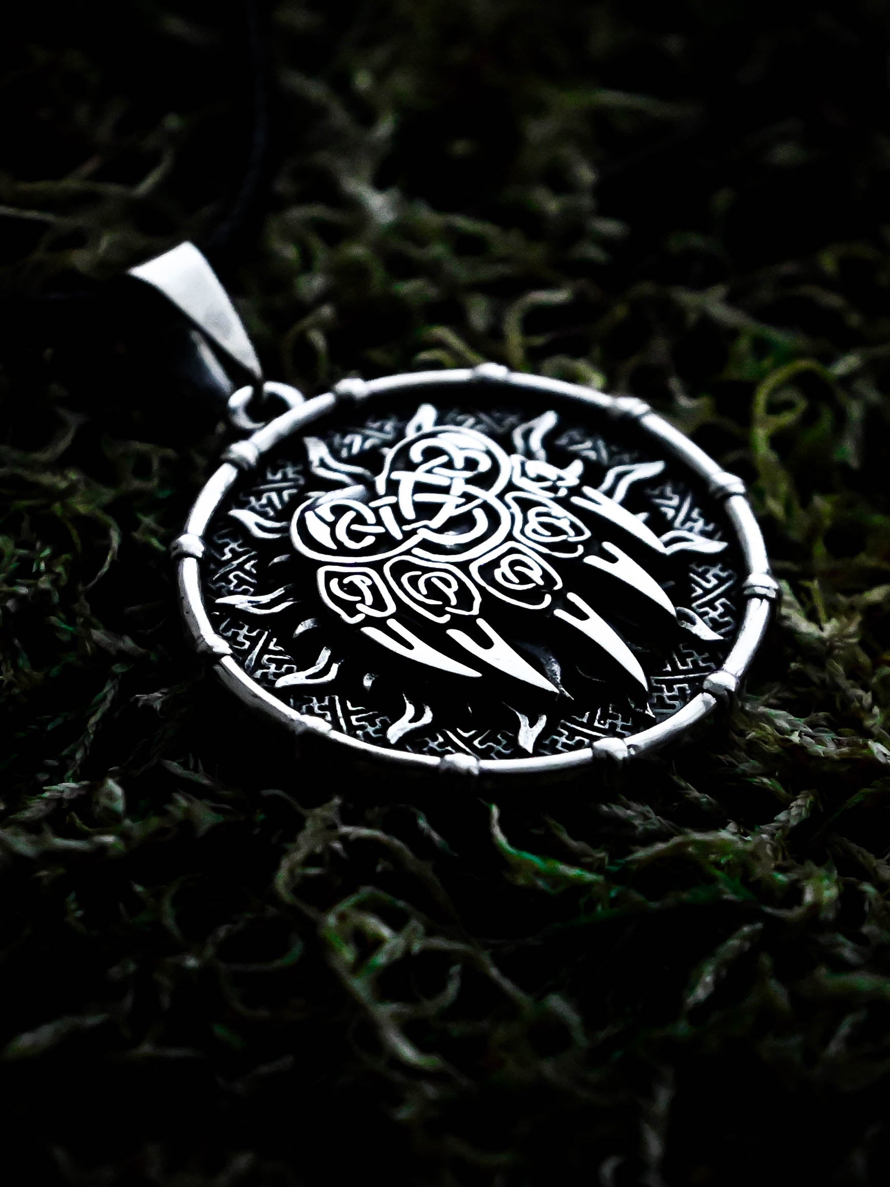 Bear Paw Amulet in Sun Disc, Sterling Silver 925 — Viking, Norse & Slavic Symbol Pendant
