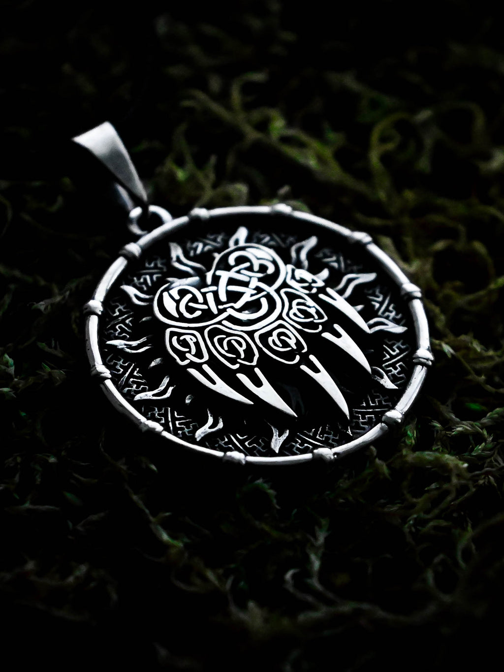 Bear Paw Amulet in Sun Disc, Sterling Silver 925 — Viking, Norse & Slavic Symbol Pendant
