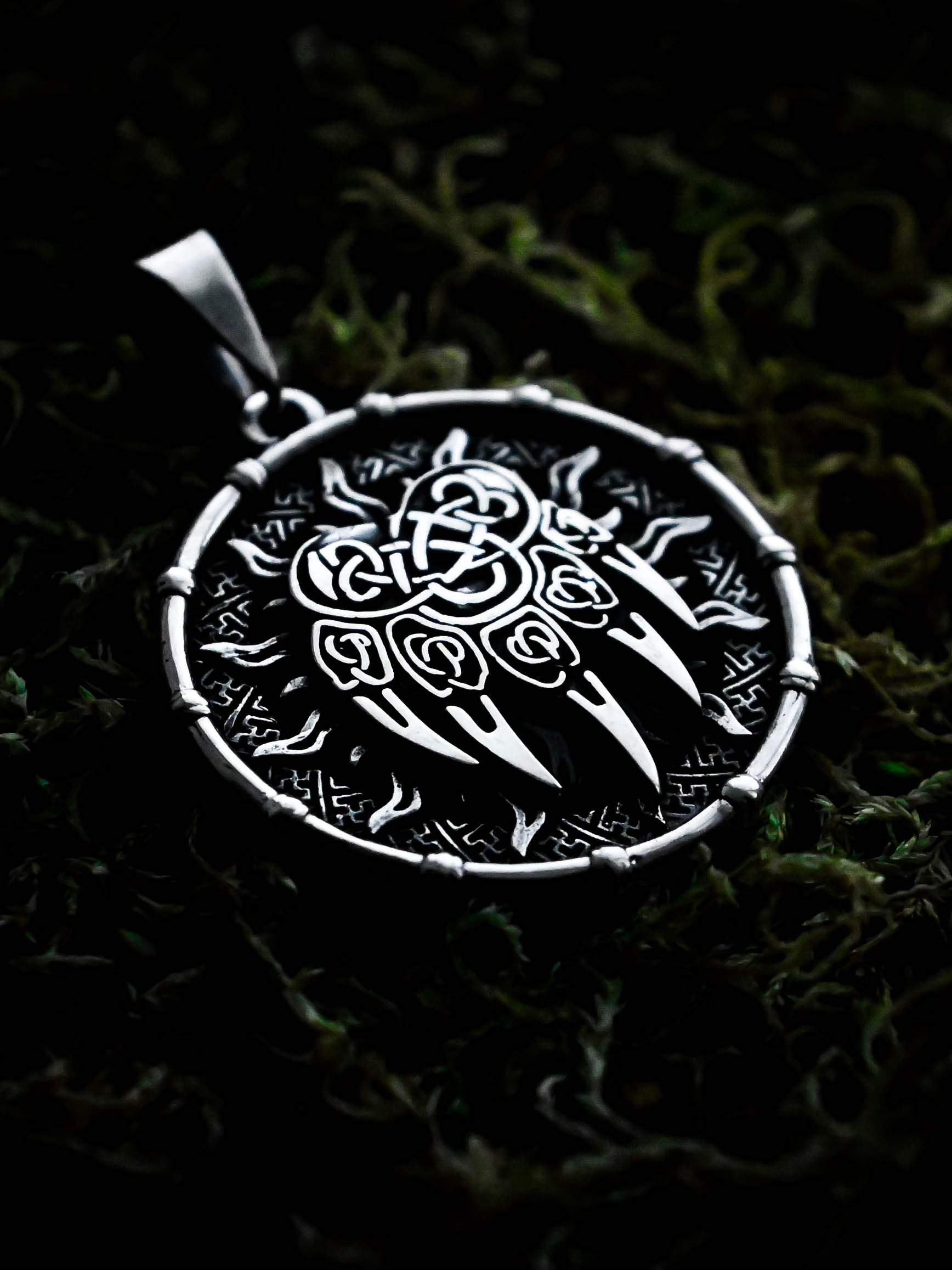Bear Paw Amulet in Sun Disc, Sterling Silver 925 — Viking, Norse & Slavic Symbol Pendant