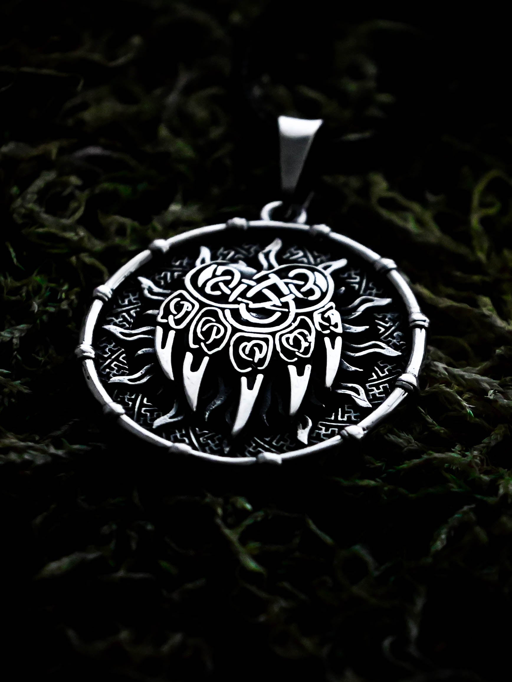 Bear Paw Amulet in Sun Disc, Sterling Silver 925 — Viking, Norse & Slavic Symbol Pendant