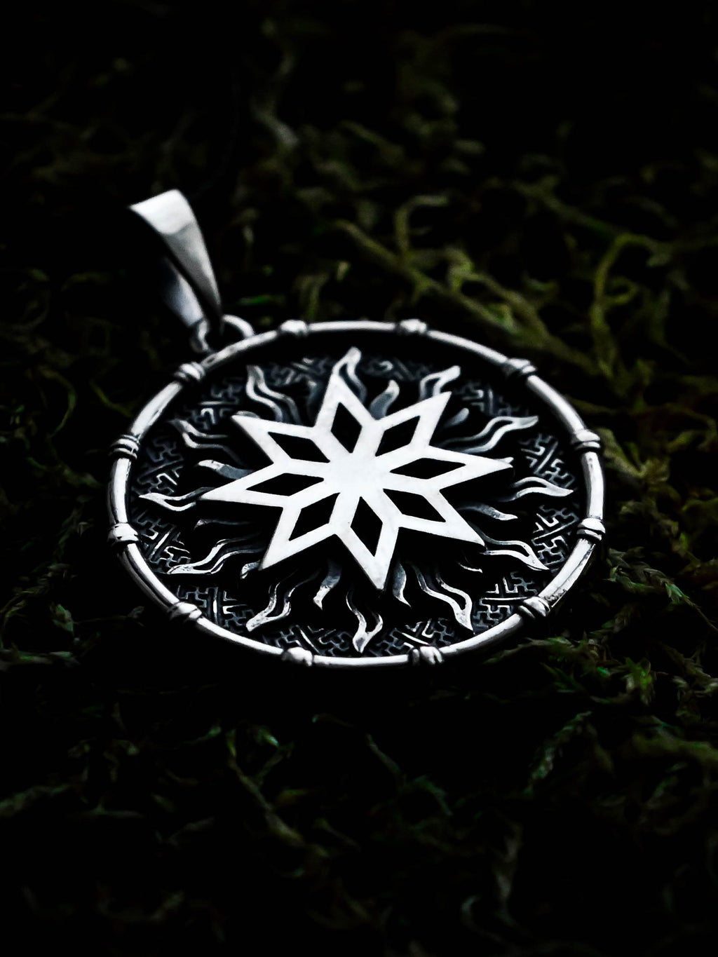 Alatyr Amulet in Sun Disc, Sterling Silver 925 — Slavic, Viking & Norse Symbol Pendant