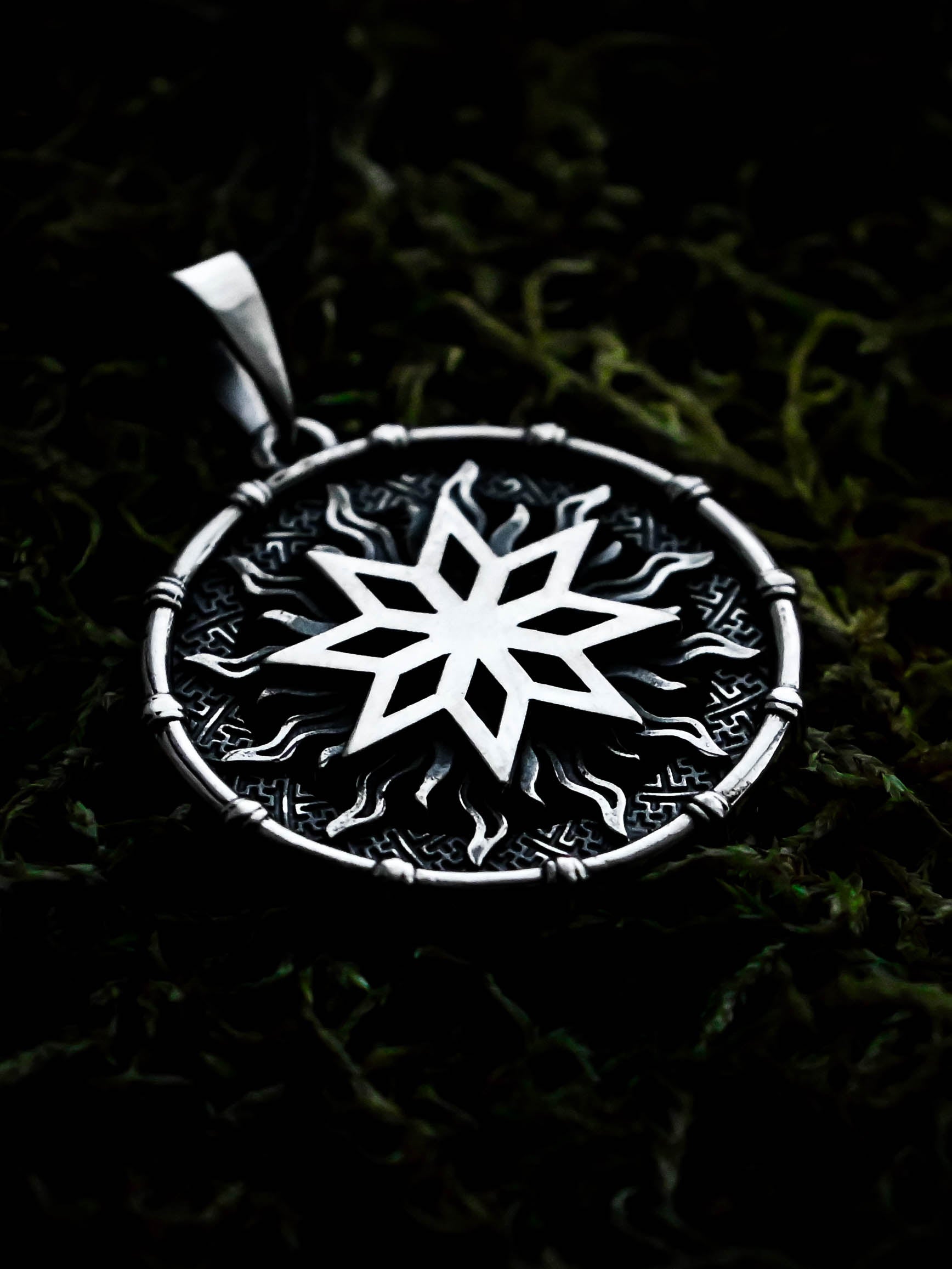 Alatyr Amulet in Sun Disc, Sterling Silver 925 — Slavic, Viking & Norse Symbol Pendant