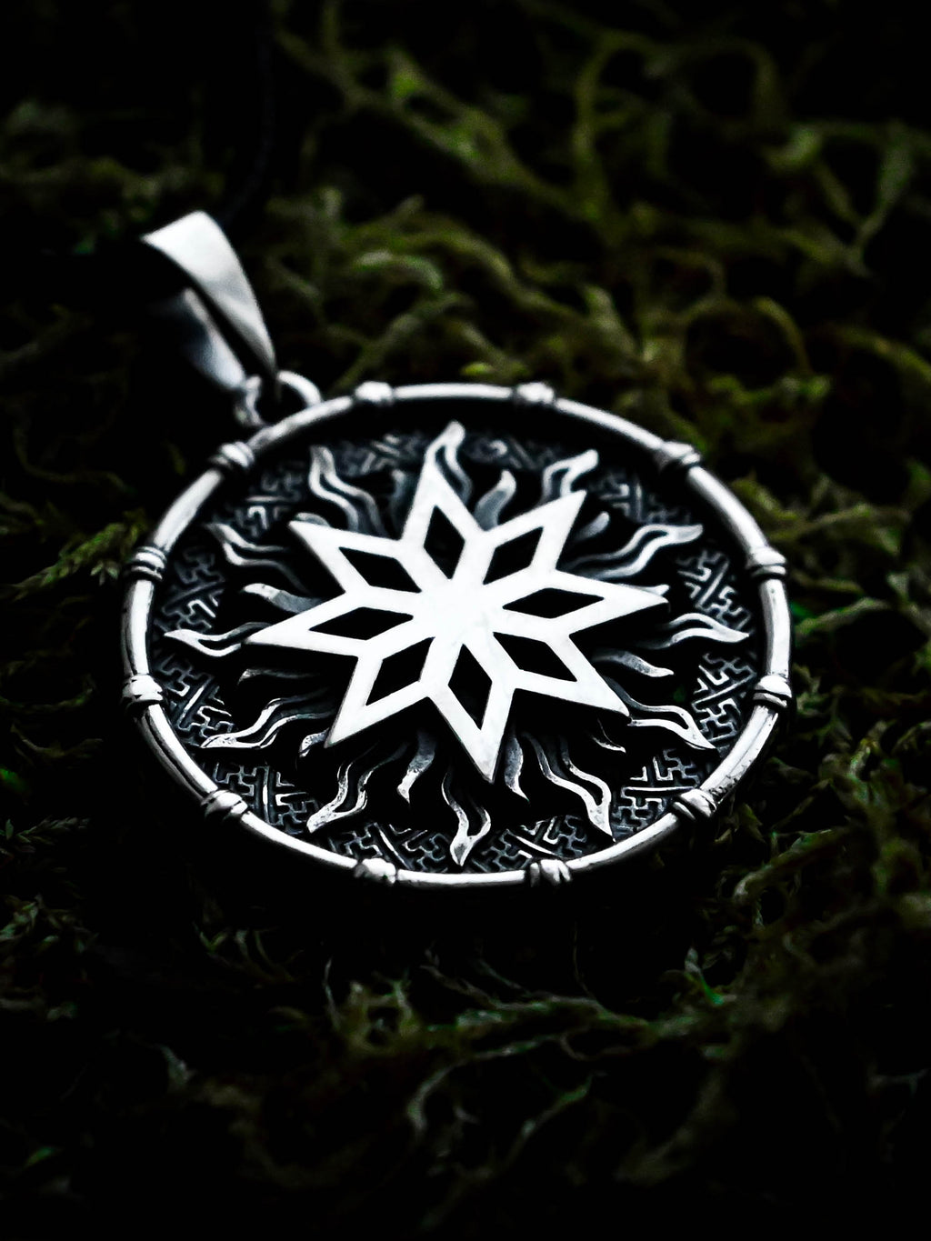 Alatyr Amulet in Sun Disc, Sterling Silver 925 — Slavic, Viking & Norse Symbol Pendant