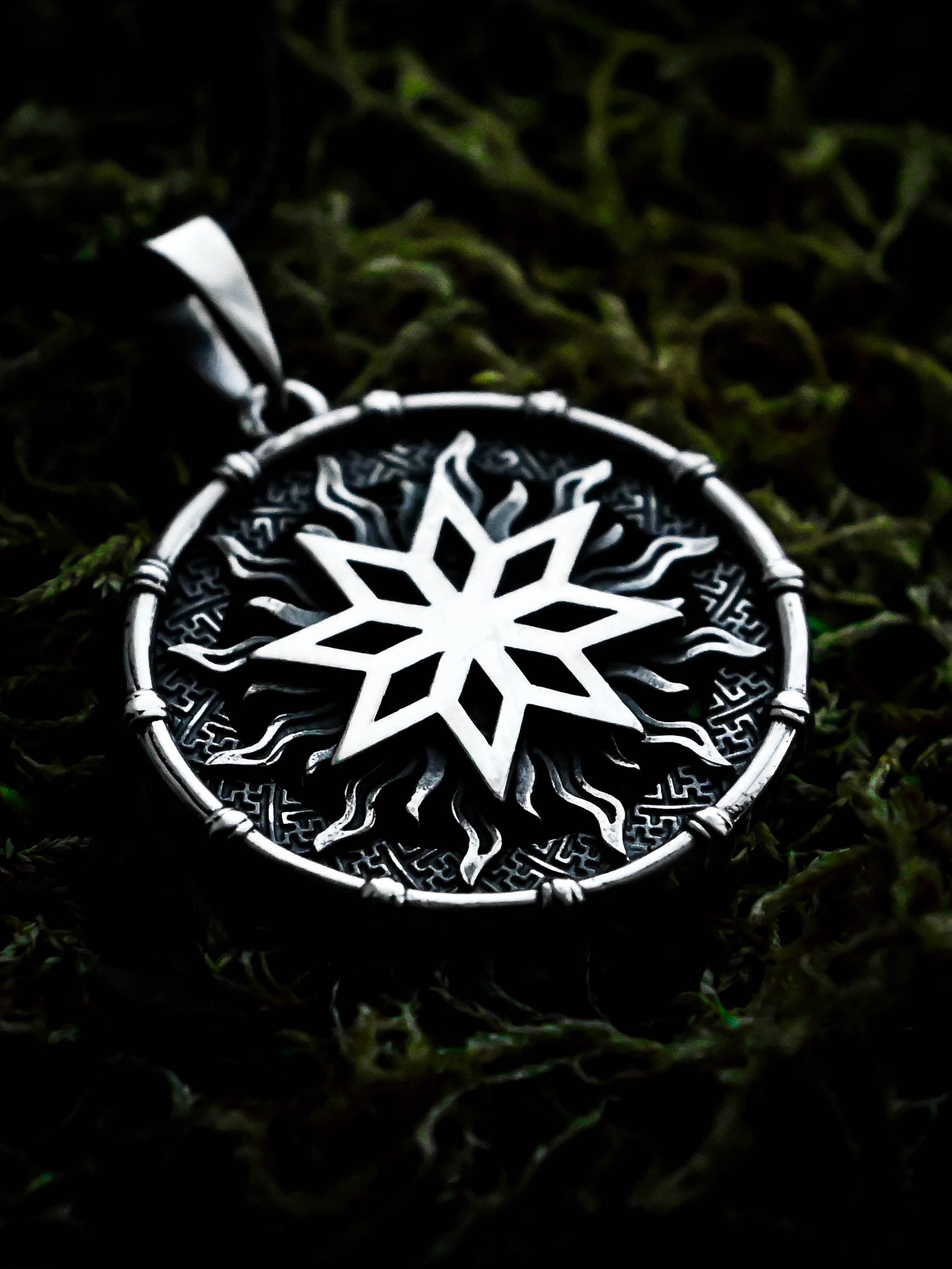 Alatyr Amulet in Sun Disc, Sterling Silver 925 — Slavic, Viking & Norse Symbol Pendant