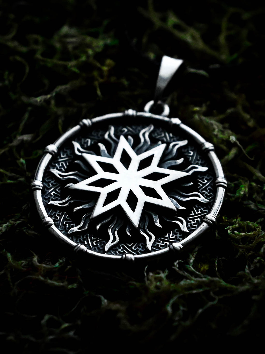 Alatyr Amulet in Sun Disc, Sterling Silver 925 — Slavic, Viking & Norse Symbol Pendant