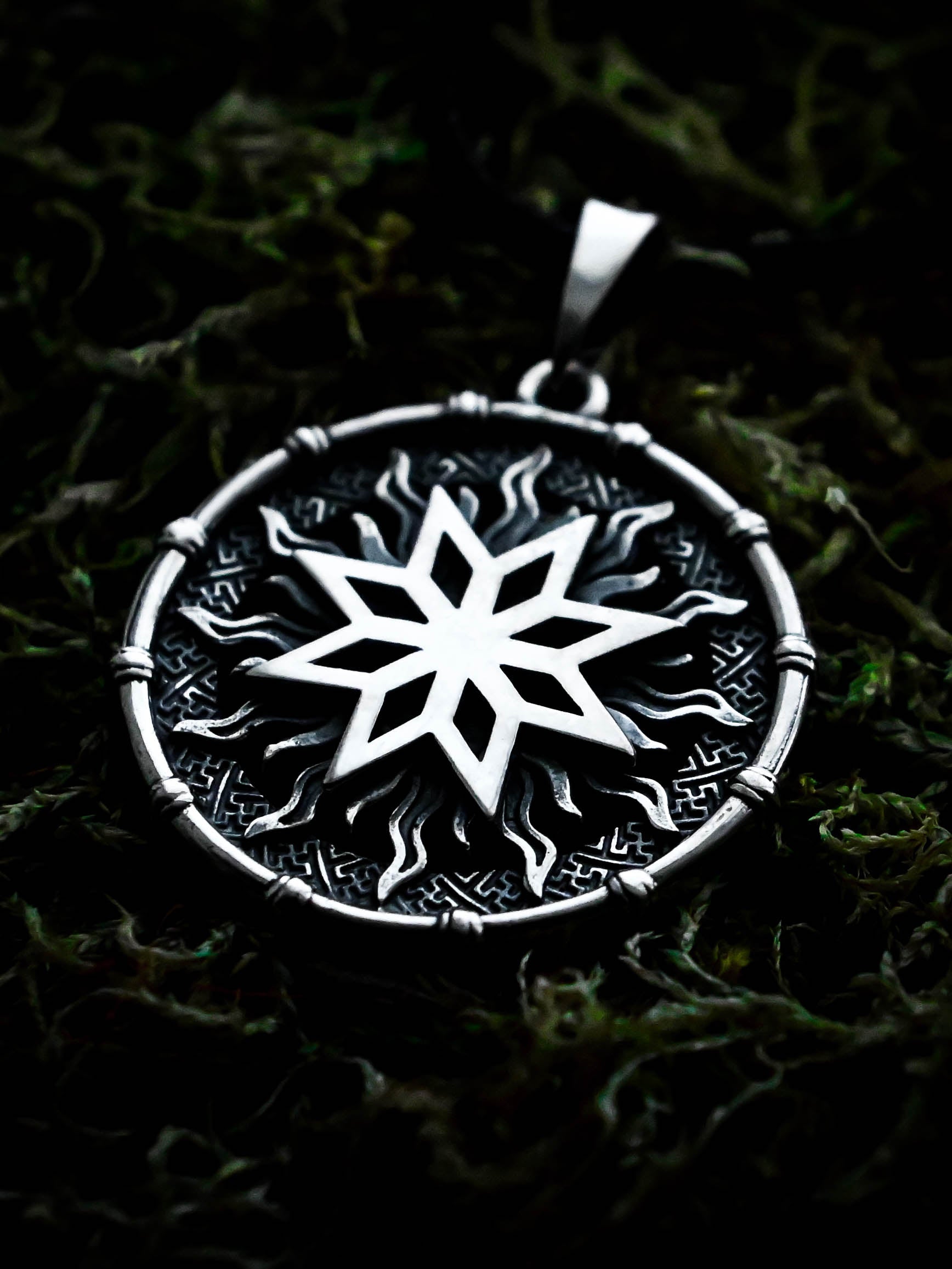 Alatyr Amulet in Sun Disc, Sterling Silver 925 — Slavic, Viking & Norse Symbol Pendant