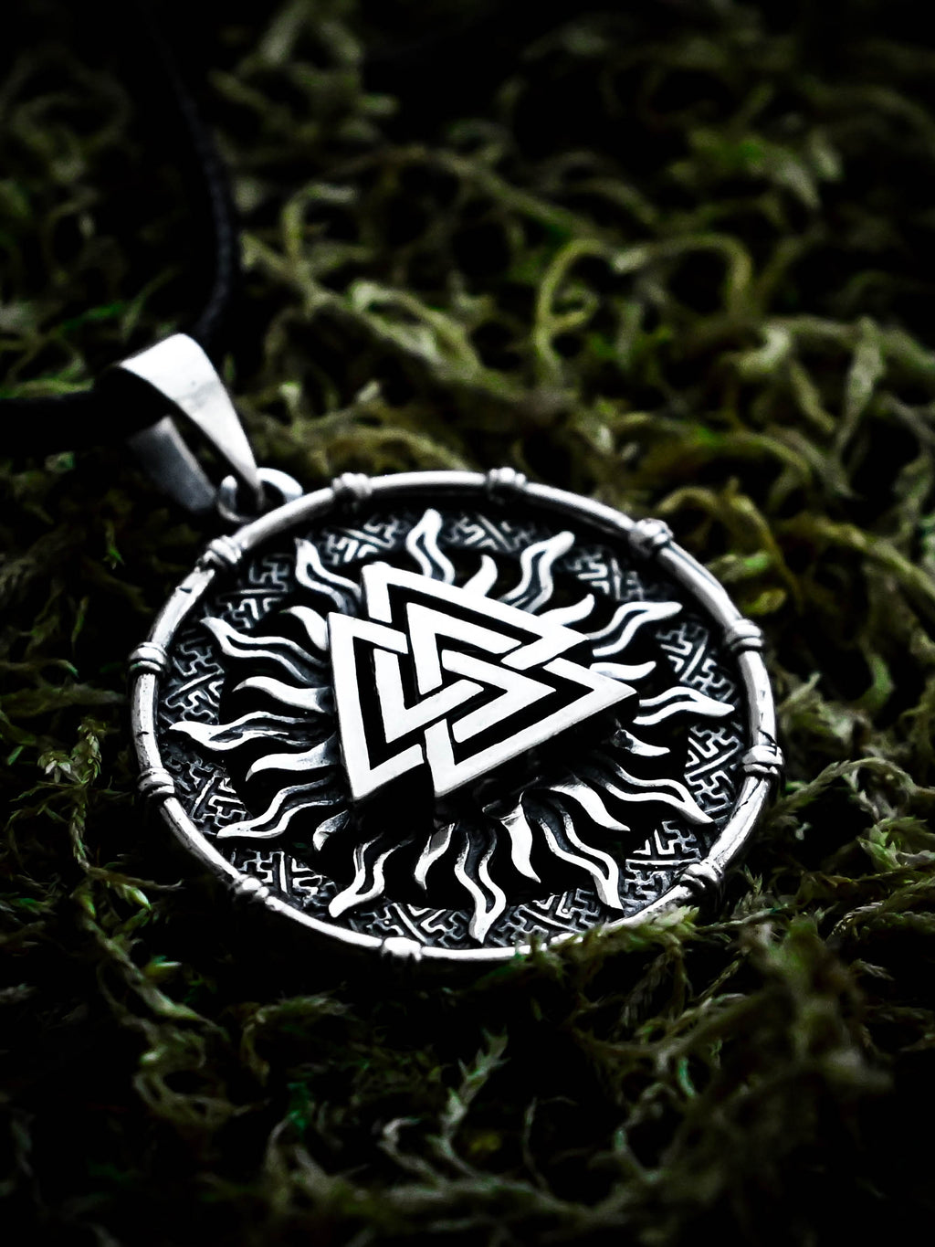 Valknut Amulet in Sun Disc, Sterling Silver 925 — Viking, Norse & Slavic Symbol Pendant