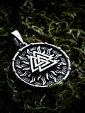 Valknut Amulet in Sun Disc, Sterling Silver 925 — Viking, Norse & Slavic Symbol Pendant