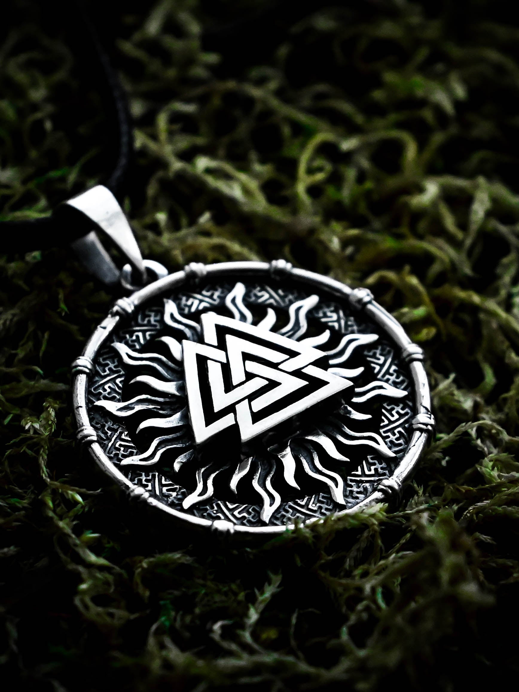 Valknut Amulet in Sun Disc, Sterling Silver 925 — Viking, Norse & Slavic Symbol Pendant