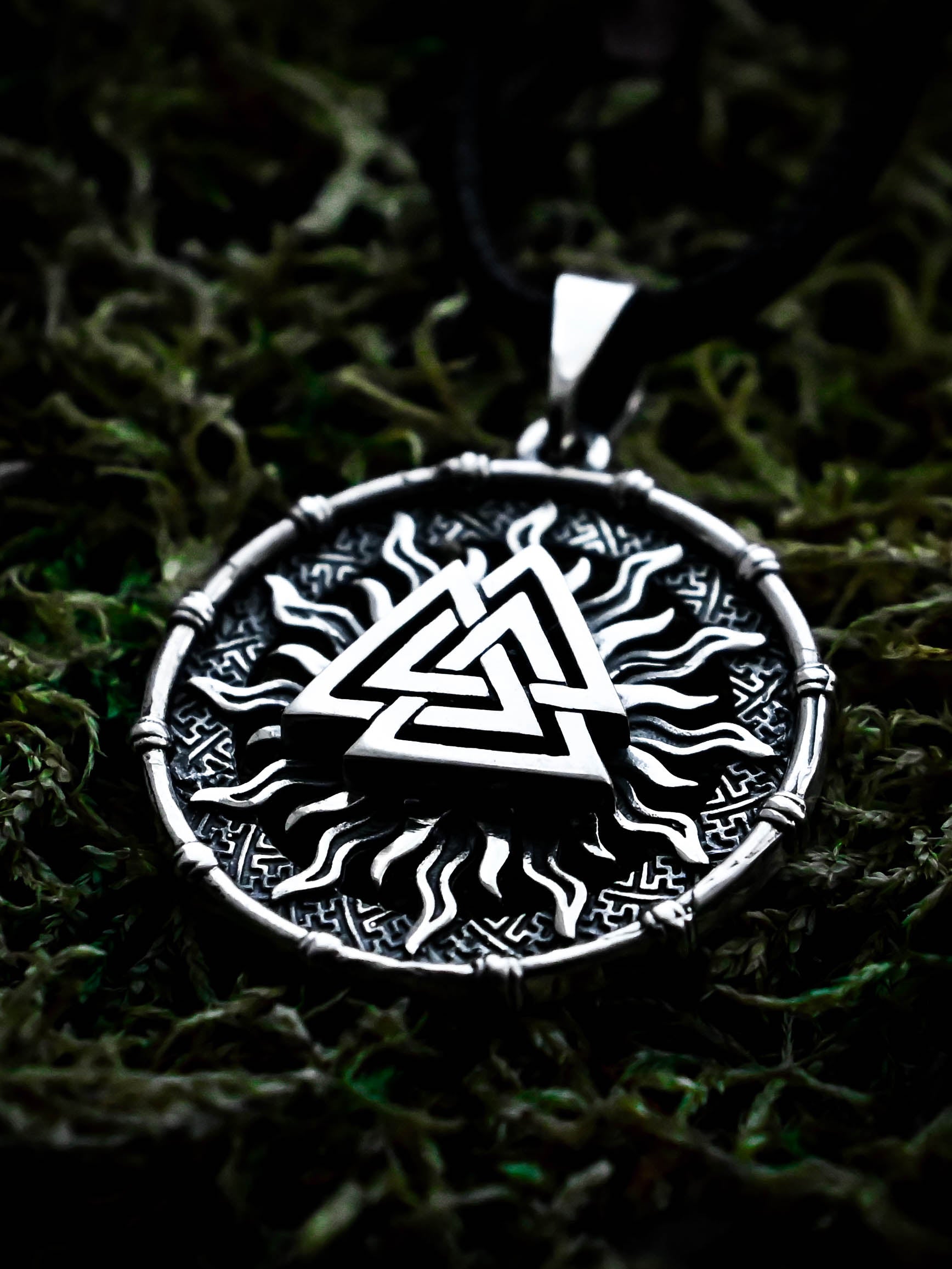 Valknut Amulet in Sun Disc, Sterling Silver 925 — Viking, Norse & Slavic Symbol Pendant