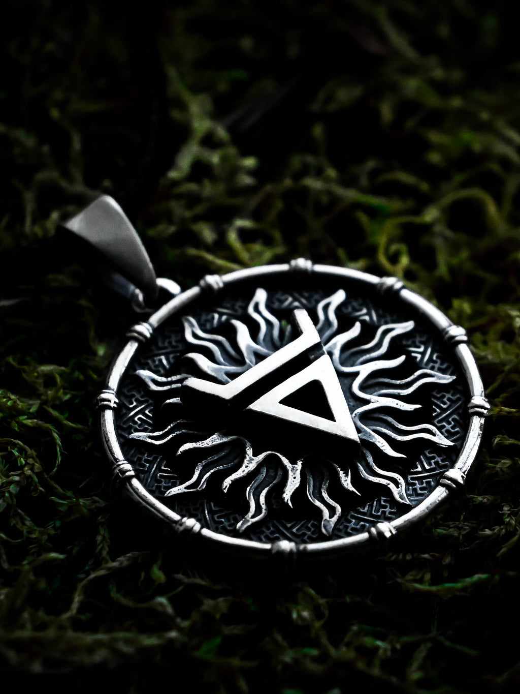 Symbol of Veles Amulet in Sun Disc, Sterling Silver 925 — Slavic, Viking & Norse Symbol Pendant