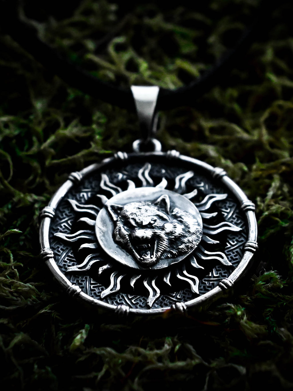 Wolf Amulet in Sun Disc, Sterling Silver 925 — Viking, Norse & Slavic Symbol Pendant
