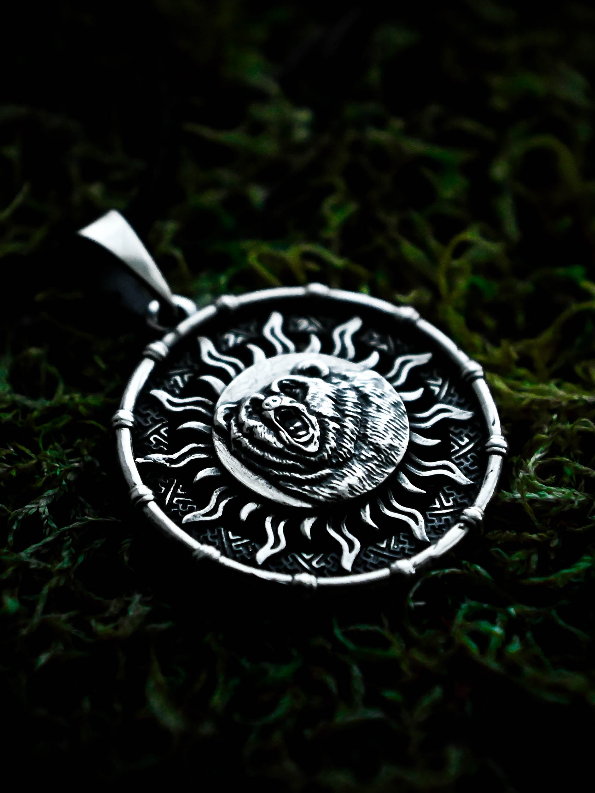 Bear Amulet in Sun Disc, Sterling Silver 925 — Viking, Norse & Slavic Symbol Pendant