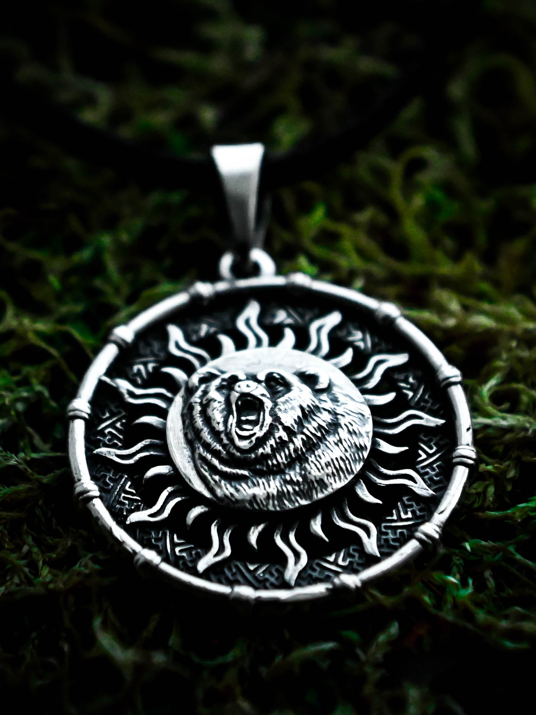 Bear Amulet in Sun Disc, Sterling Silver 925 — Viking, Norse & Slavic Symbol Pendant