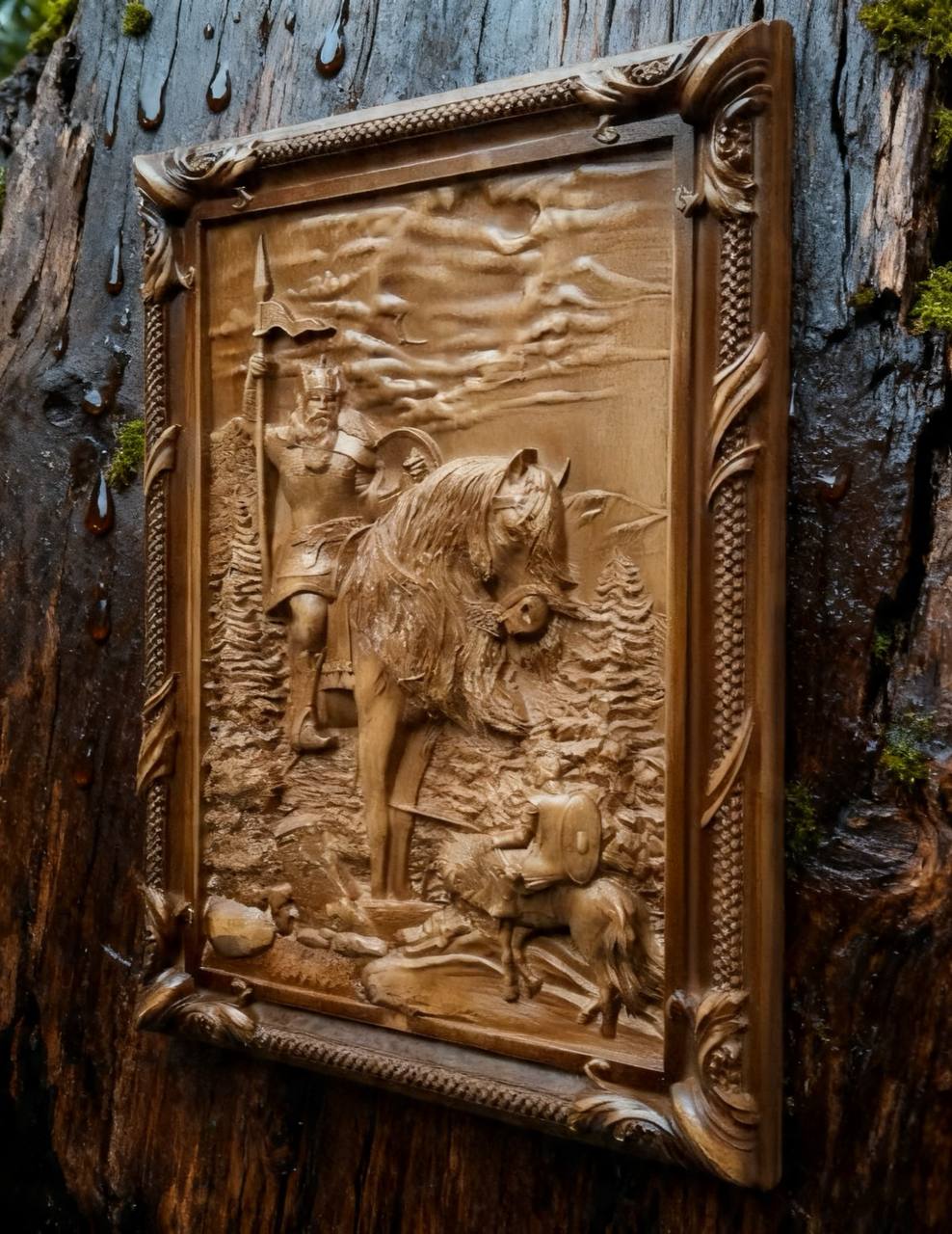 Ilya Muromets Meets Svyatogor Wooden Wall Panel — Hand-Carved Wood Art