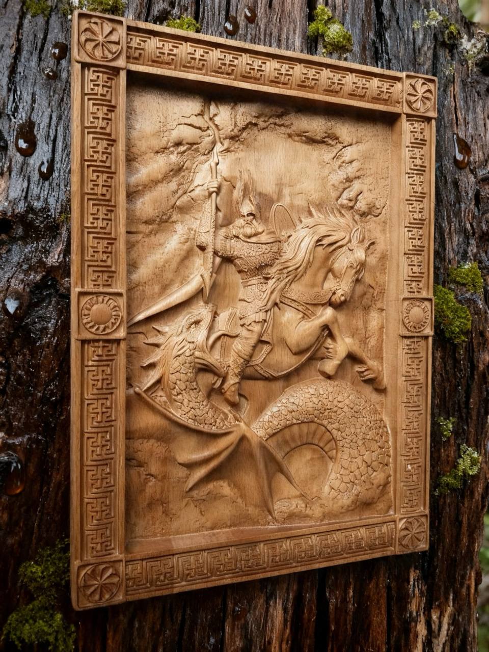Perun's Battle with the Serpent Wooden Wall Panel — Hand-Carved Wood Art