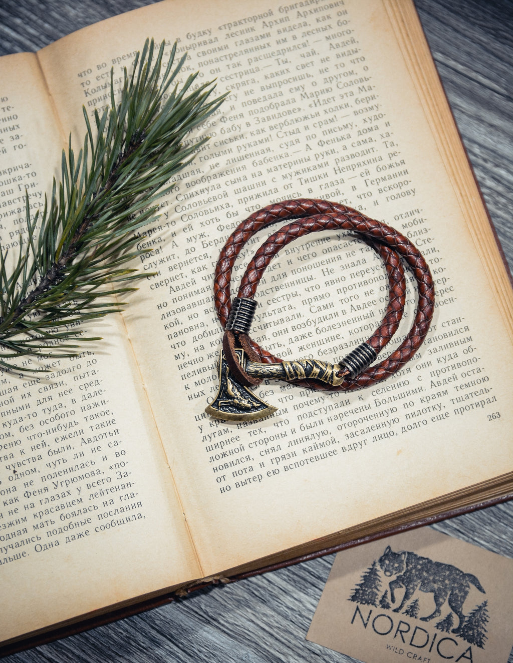 Axe with Falcon and Wolf Bracelet, Natural Leather and Bronze