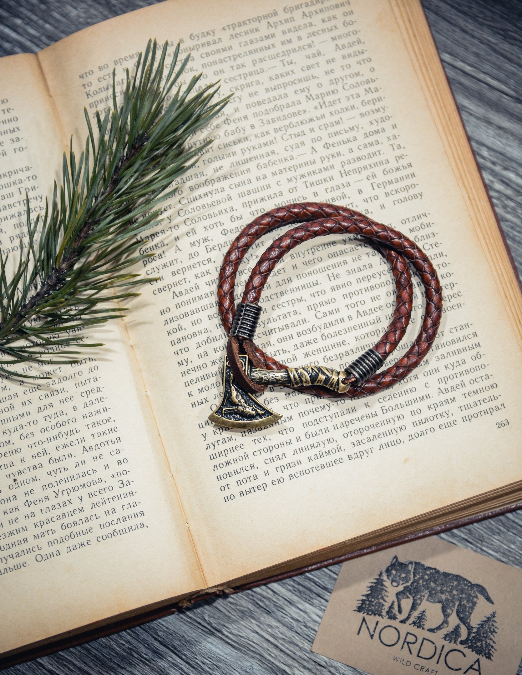 Axe with Falcon and Wolf Bracelet, Natural Leather and Bronze