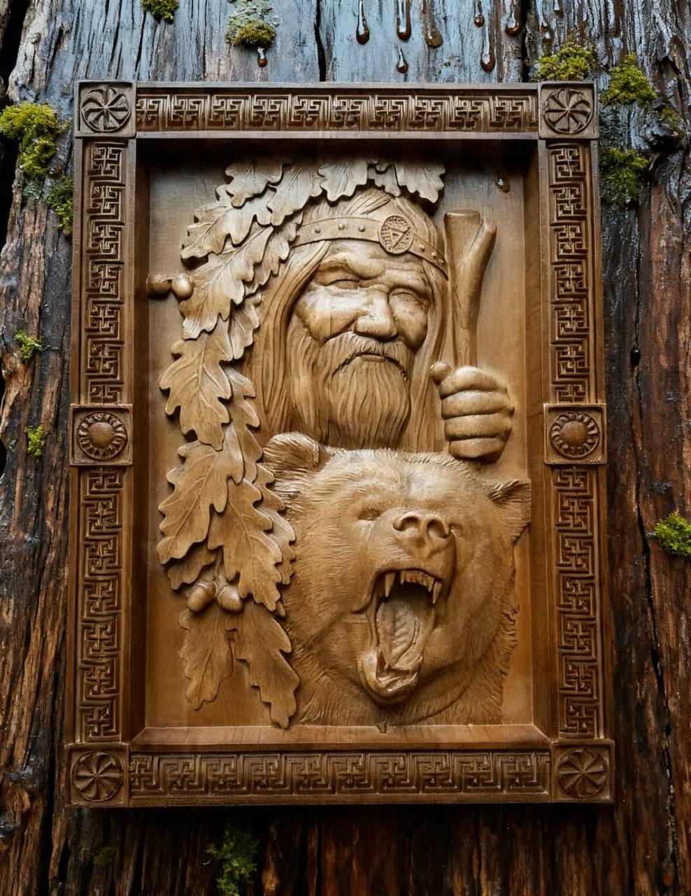 Veles with Bear Wooden Wall Panel — Hand-Carved Wood Art