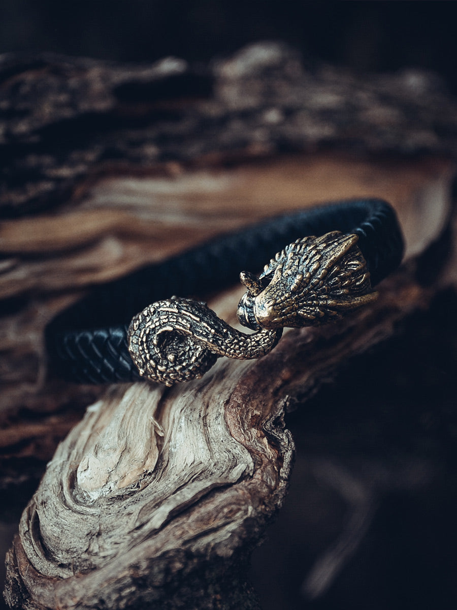 Jormungandr Bracelet, Natural Leather and Bronze