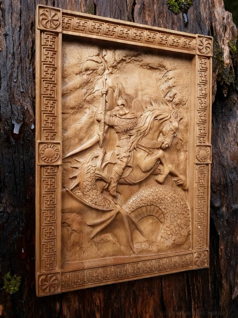 Perun's Battle with the Serpent Wooden Wall Panel — Hand-Carved Wood Art