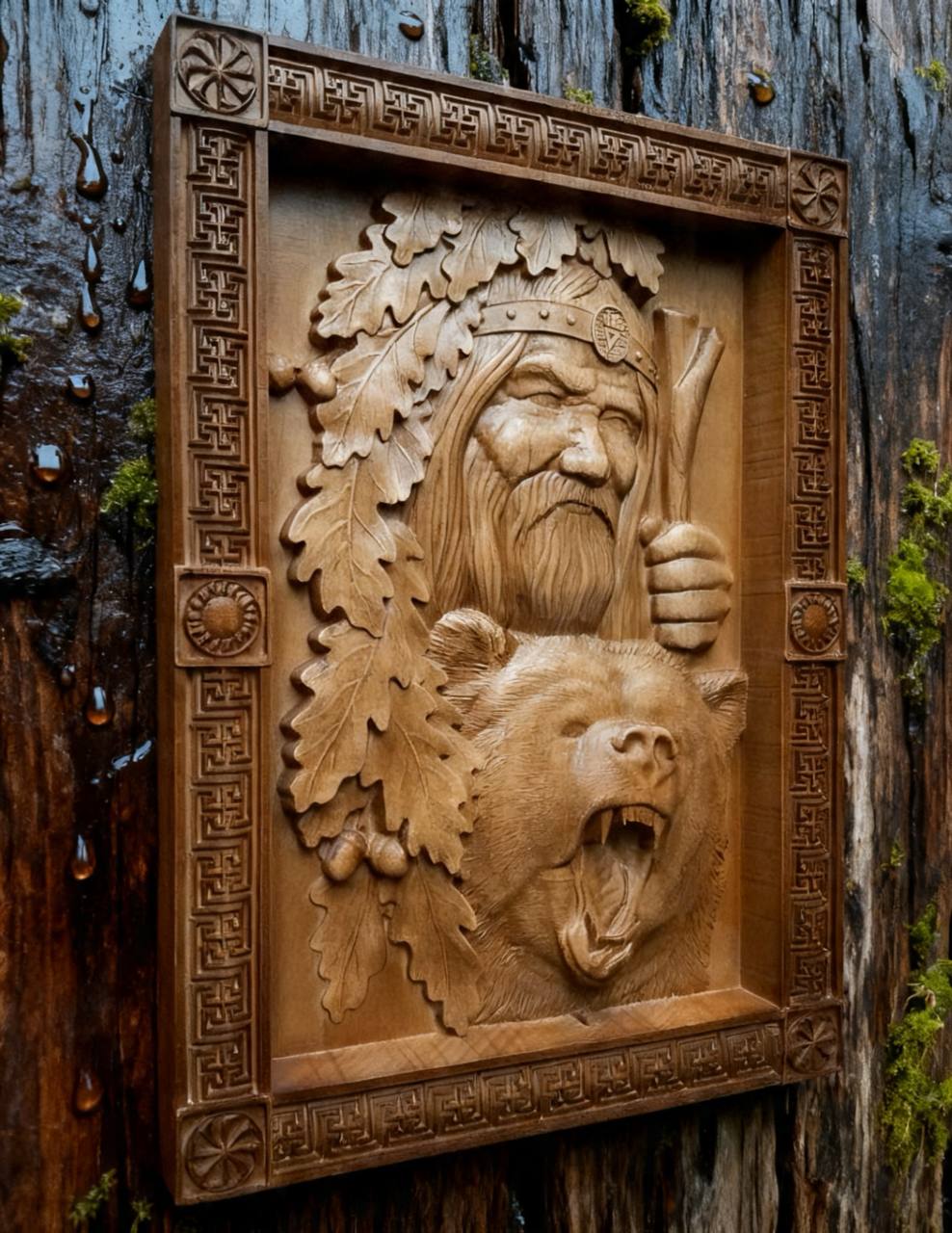 Veles with Bear Wooden Wall Panel — Hand-Carved Wood Art