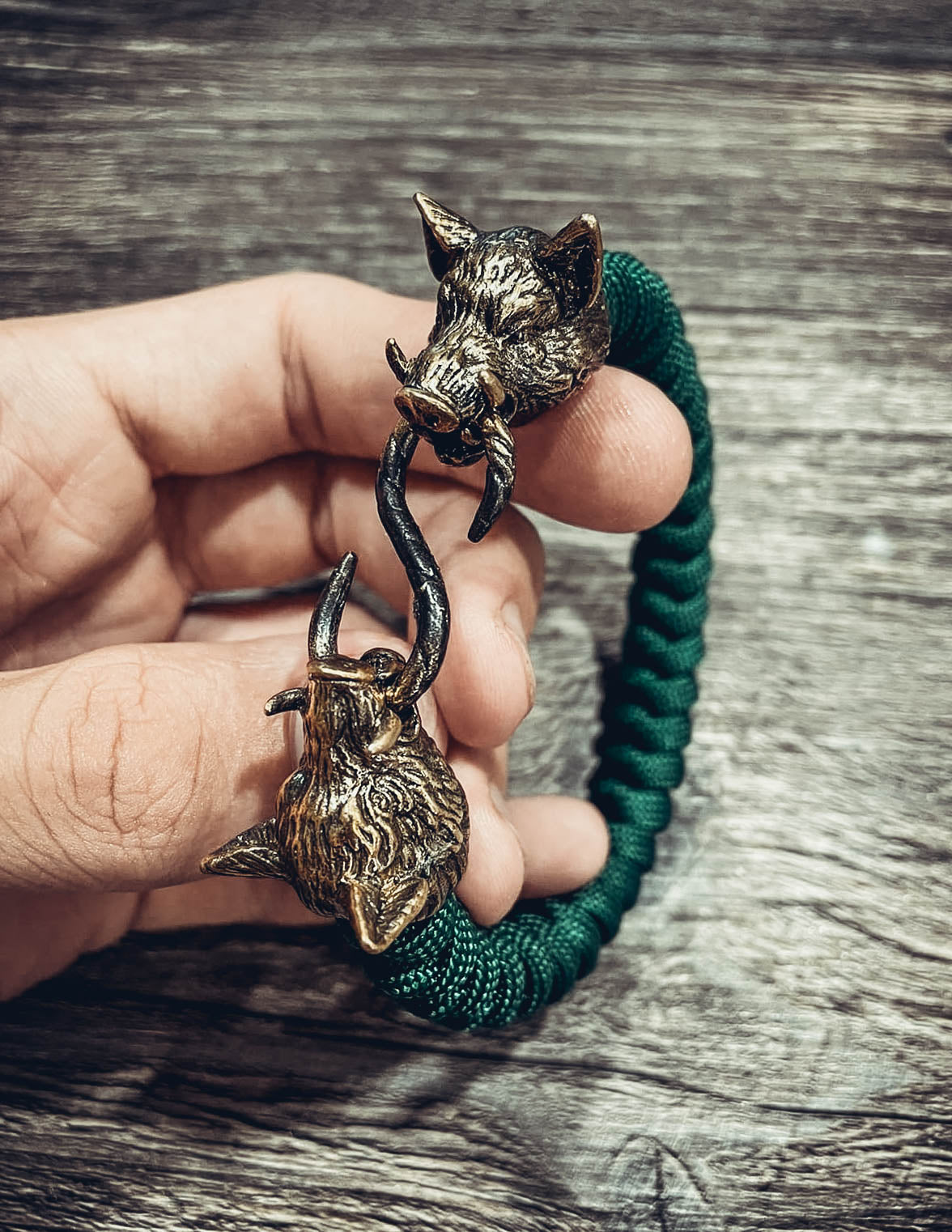 Two Boars Bracelet, Paracord and Bronze