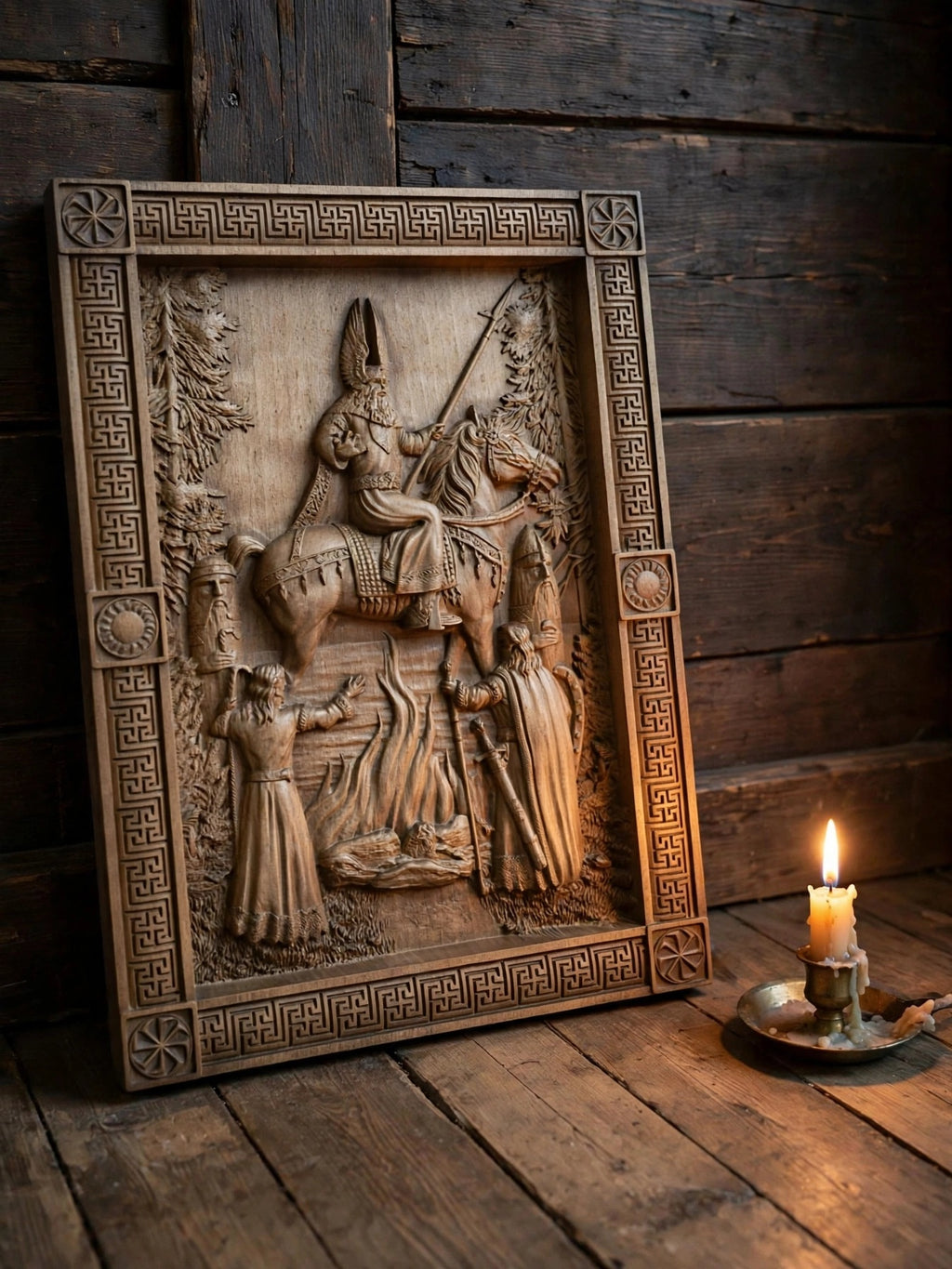 The Appearance of Svarog Wooden Wall Panel — Hand-Carved Wood Art