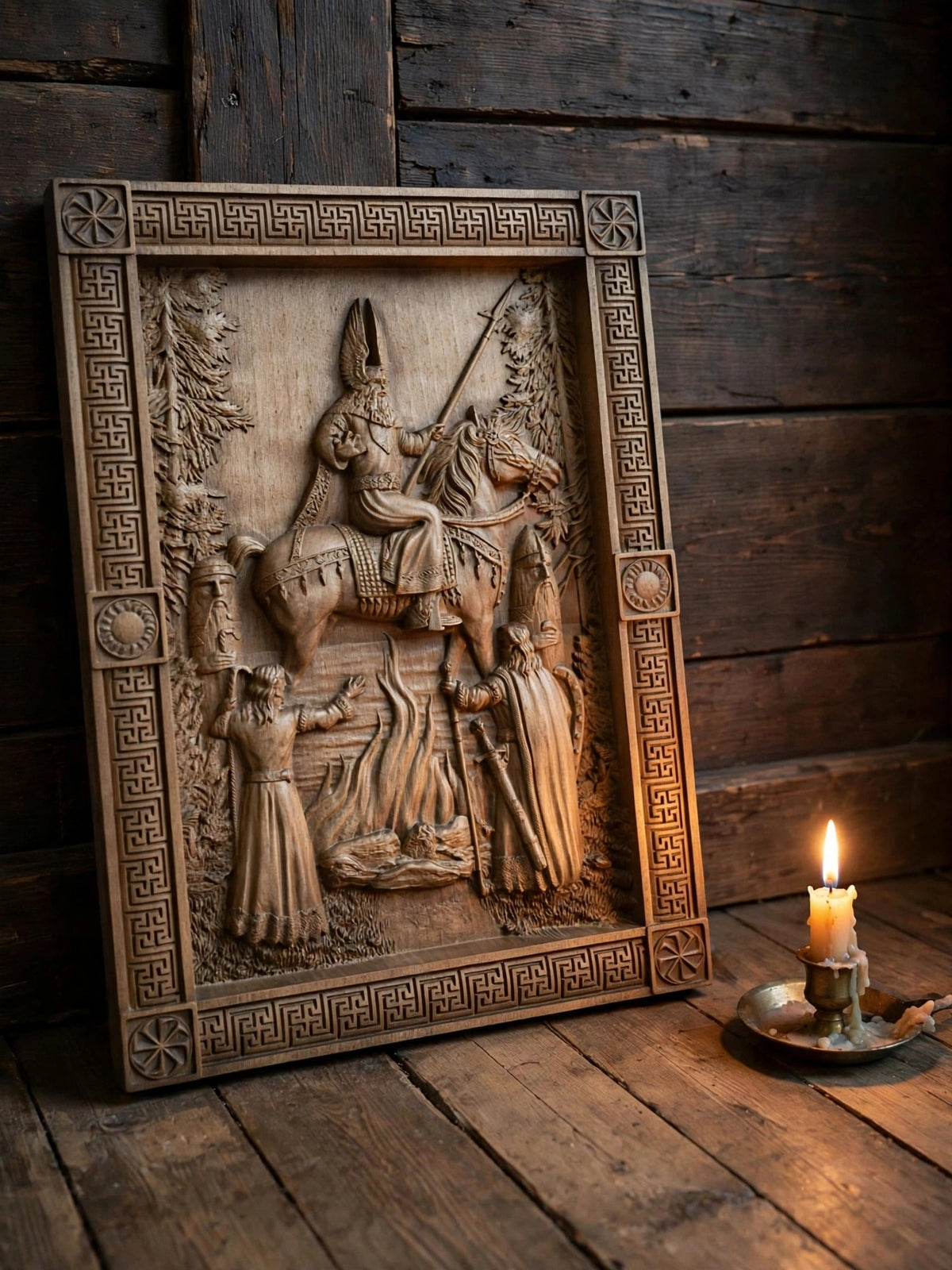 The Appearance of Svarog Wooden Wall Panel — Hand-Carved Wood Art