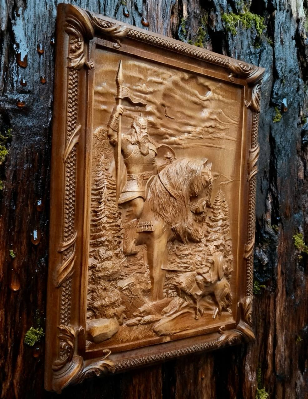 Ilya Muromets Meets Svyatogor Wooden Wall Panel — Hand-Carved Wood Art