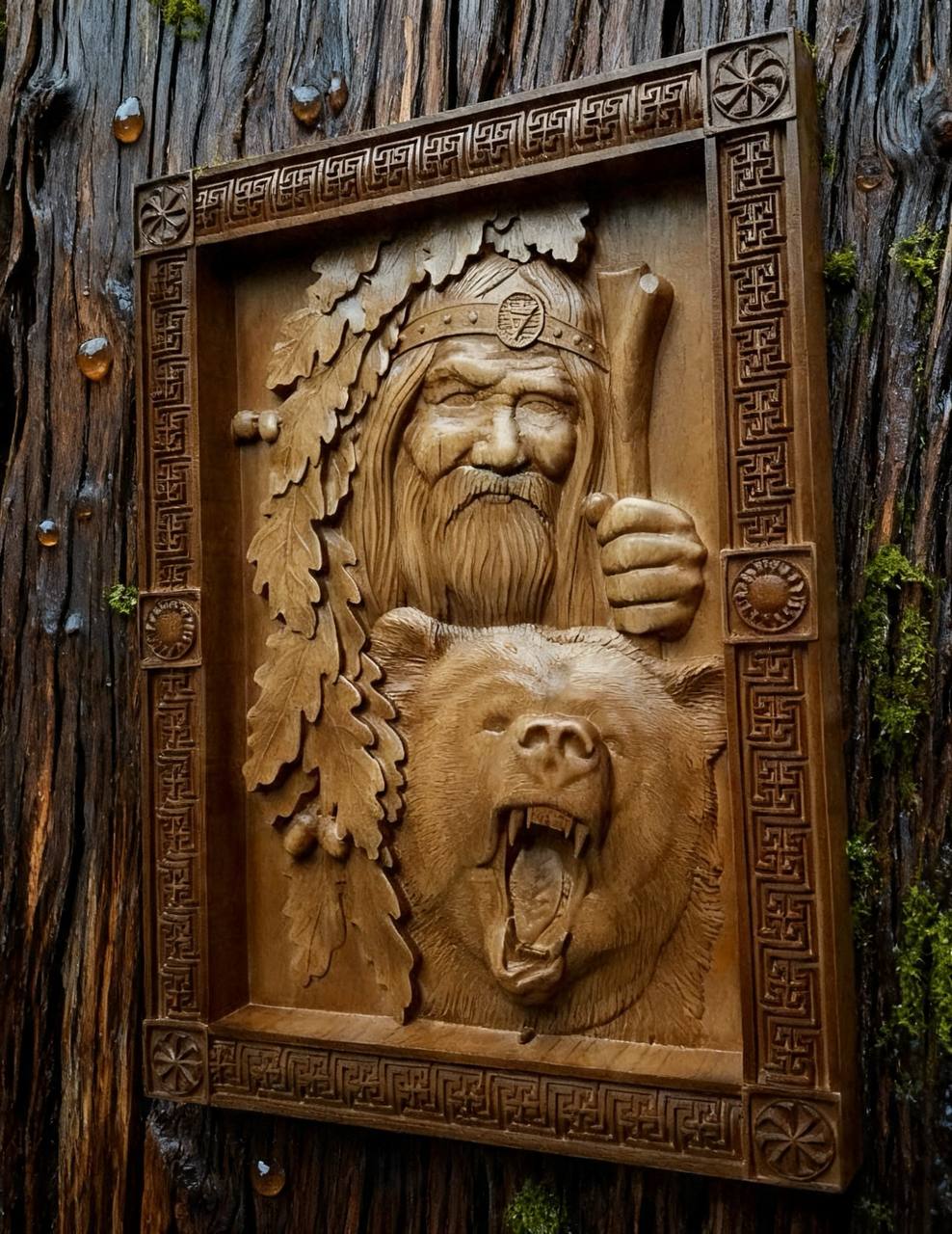 Veles with Bear Wooden Wall Panel — Hand-Carved Wood Art