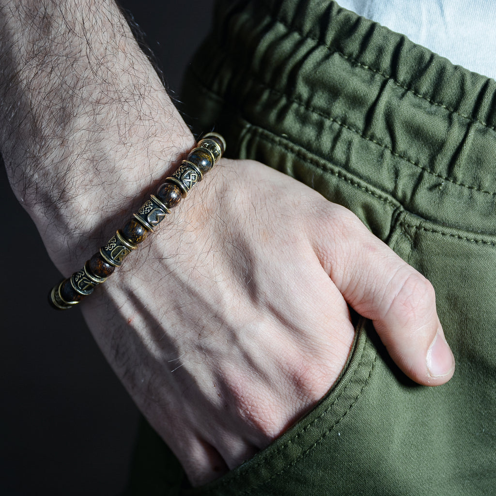 Bronzite Bracelet with 12 Rune Beads