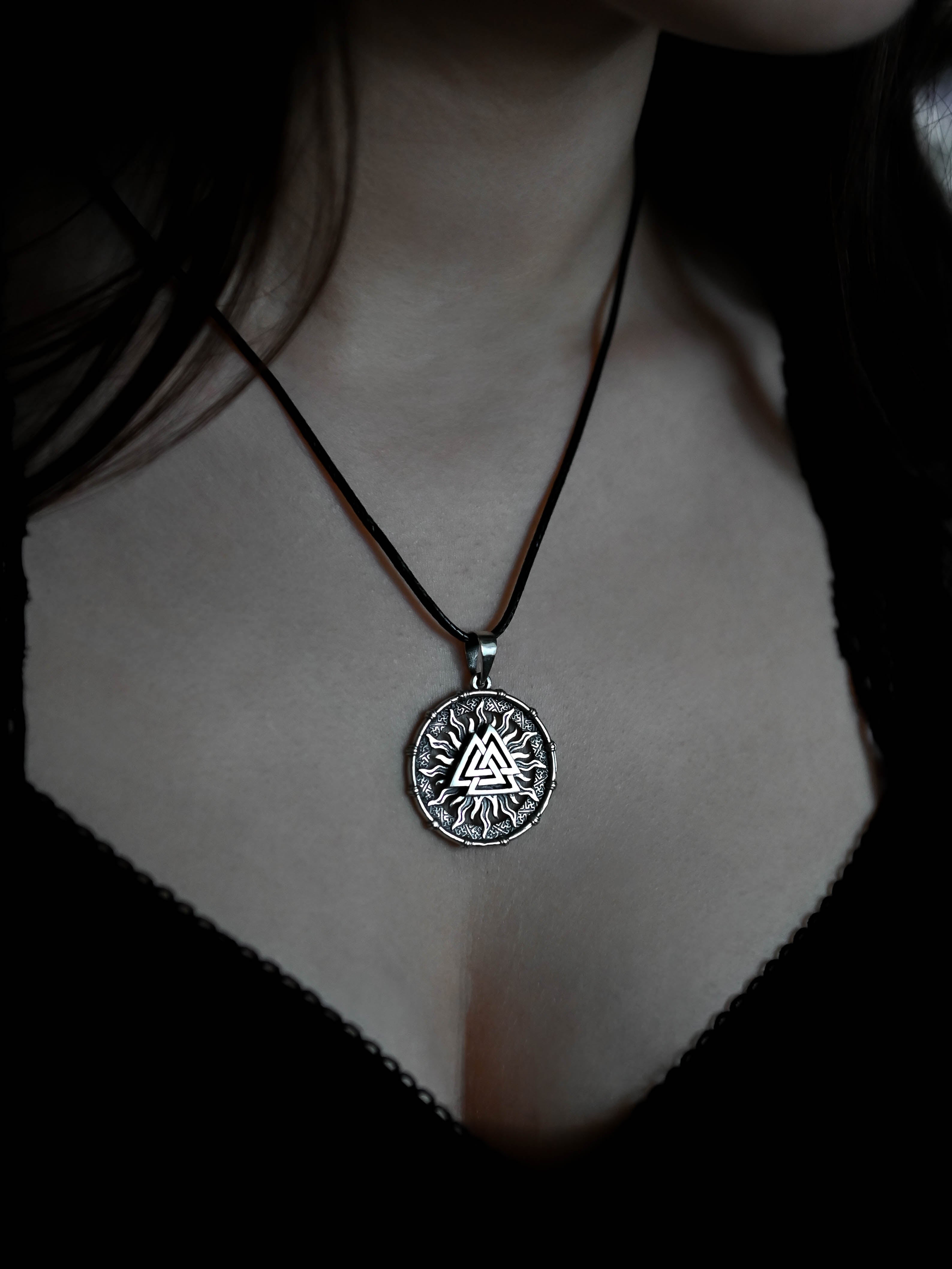 Valknut Amulet in Sun Disc, Sterling Silver 925 — Viking, Norse & Slavic Symbol Pendant