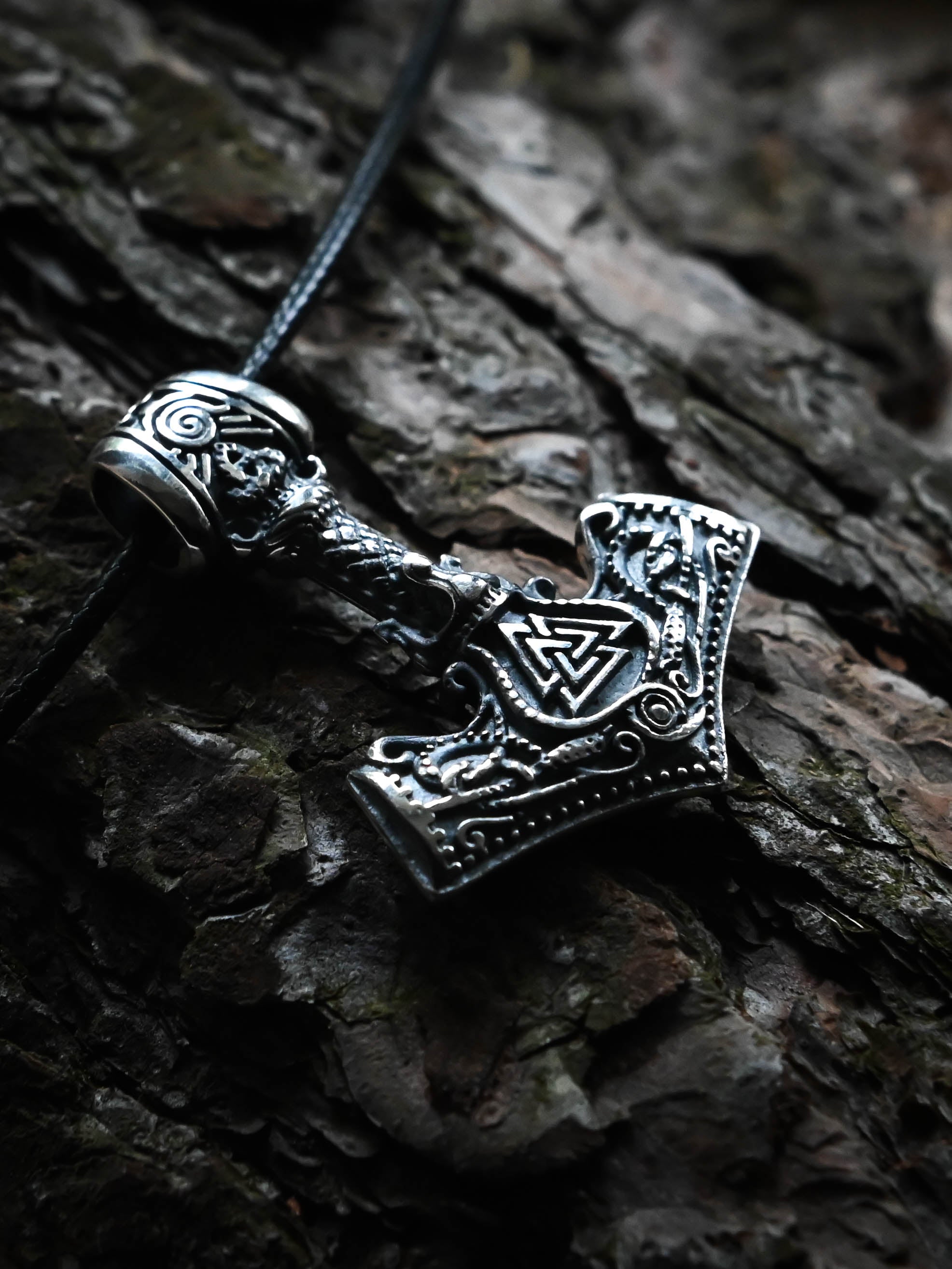 Thor's Hammer with Valknut and Tiwaz, Sterling Silver 925 — Viking Symbol Pendant