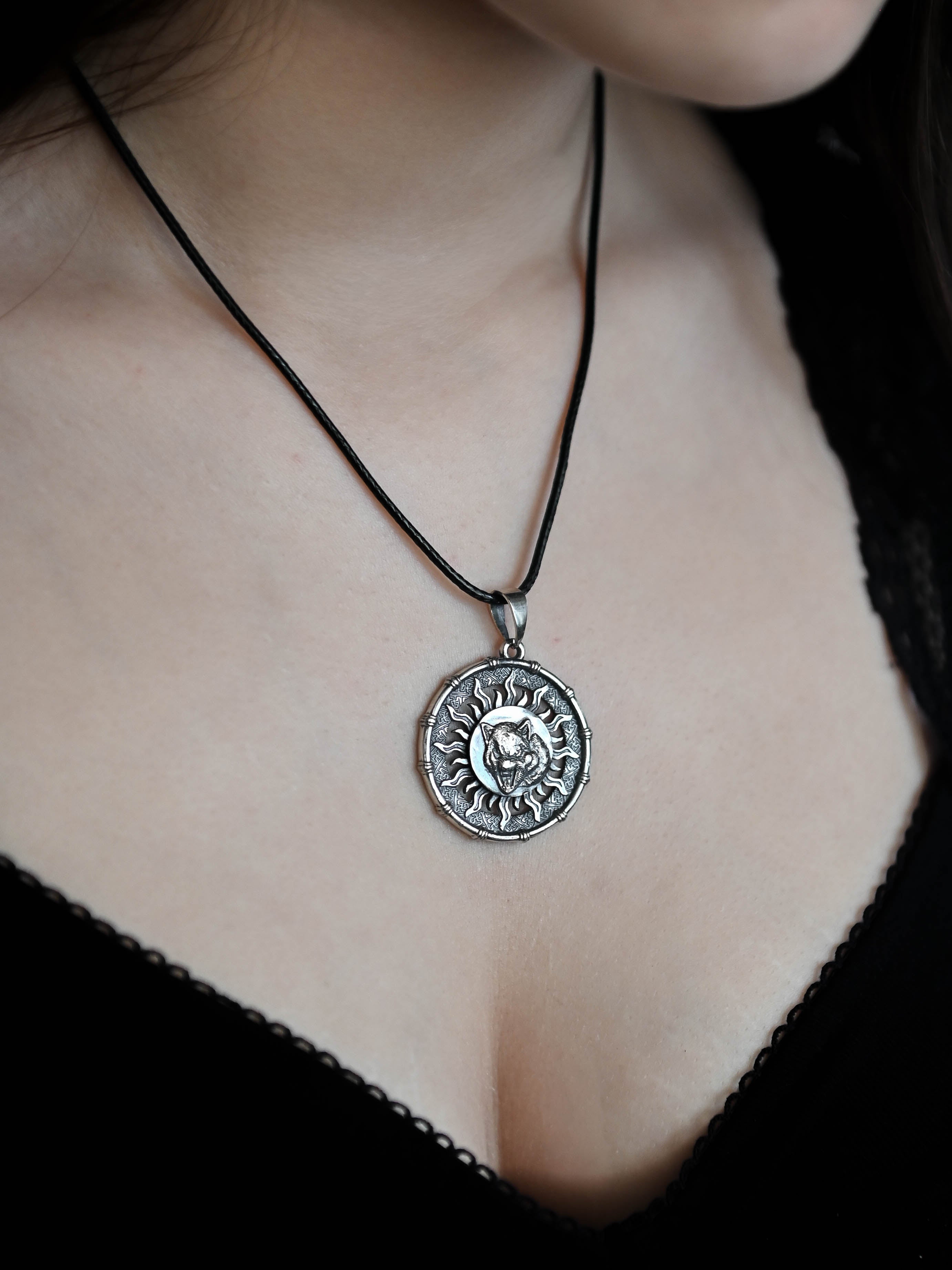 Wolf Amulet in Sun Disc, Sterling Silver 925 — Viking, Norse & Slavic Symbol Pendant