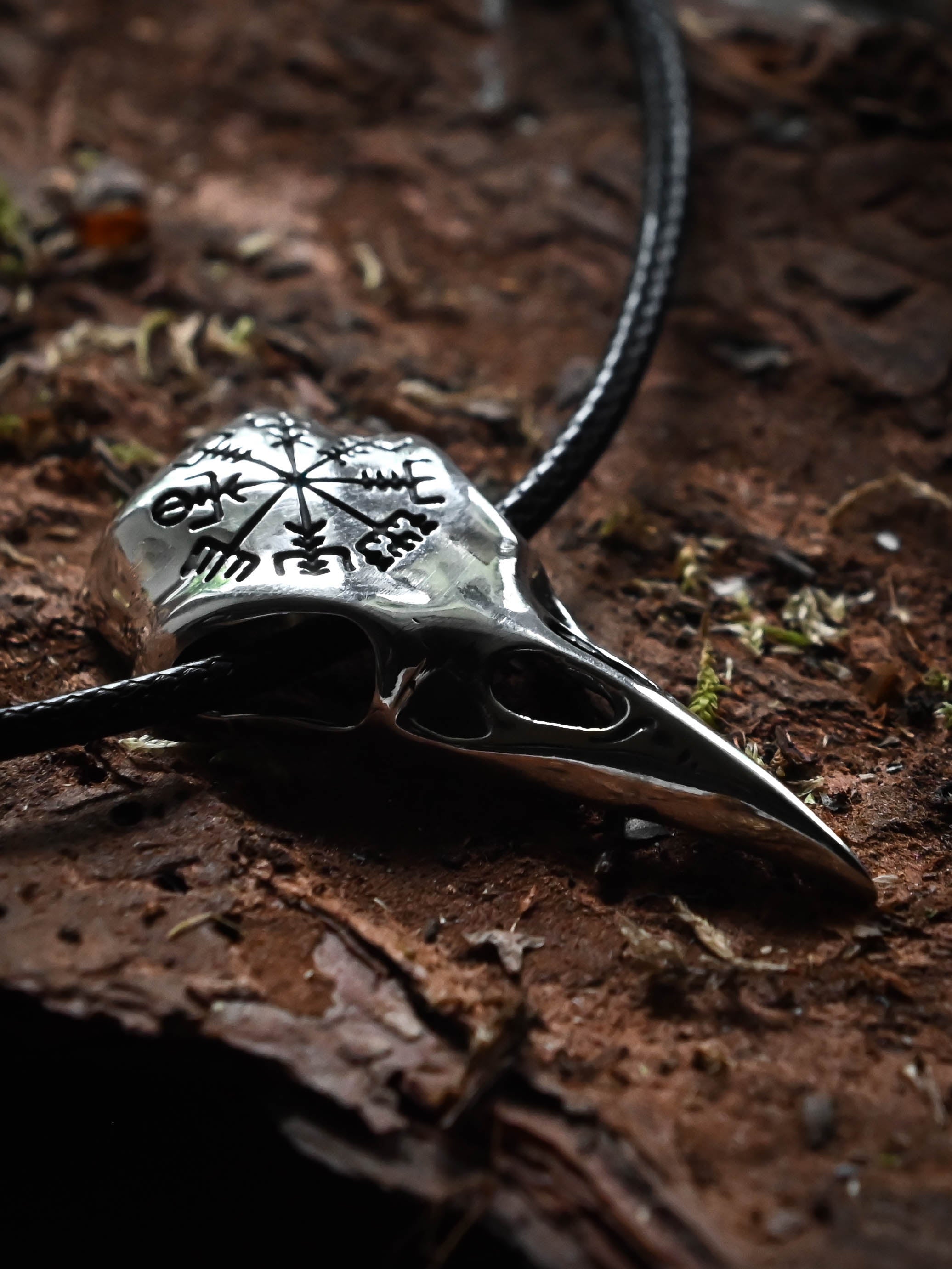 Raven Skull with Vegvisir Symbol, Sterling Silver 925 — Viking Symbol Pendant