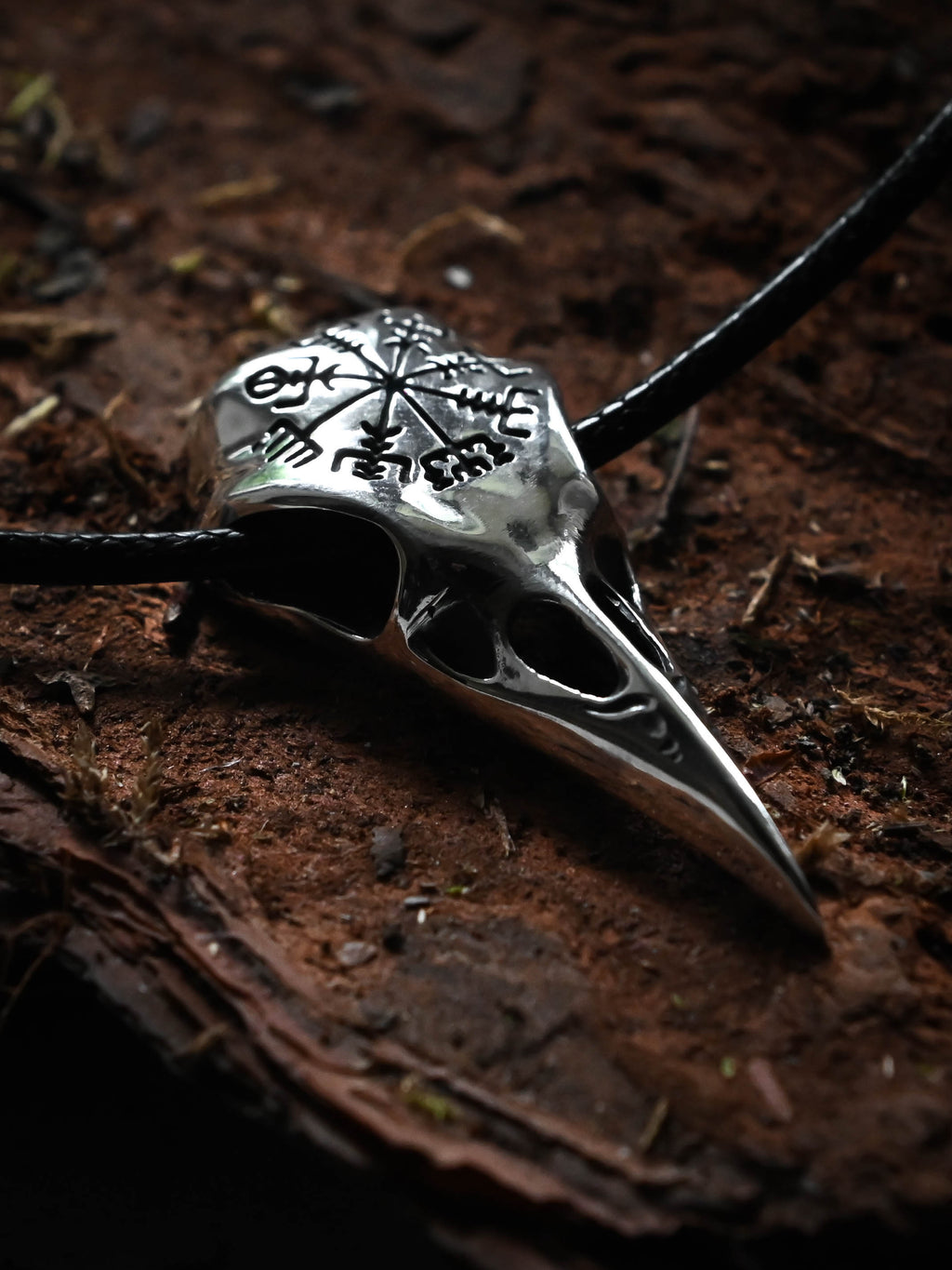 Raven Skull with Vegvisir Symbol, Sterling Silver 925 — Viking Symbol Pendant