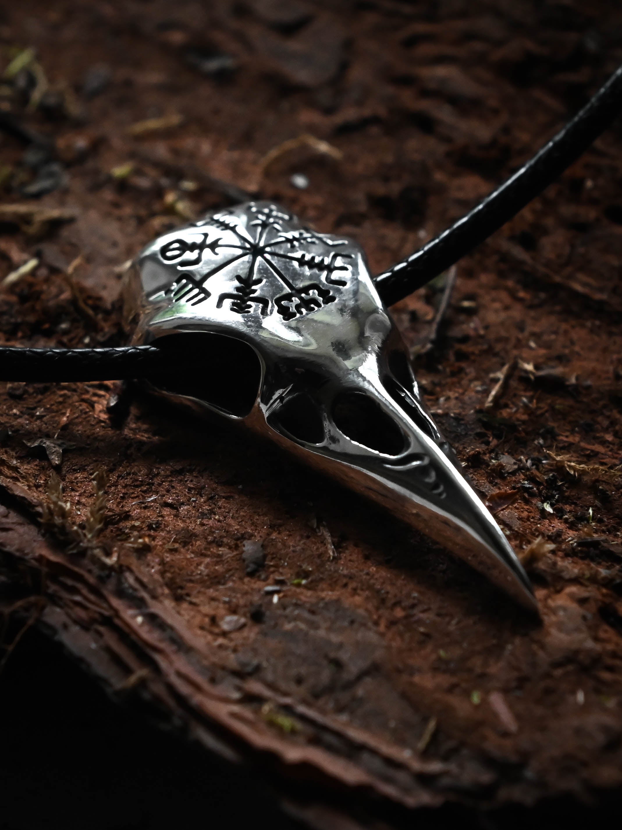 Raven Skull with Vegvisir Symbol, Sterling Silver 925 — Viking Symbol Pendant
