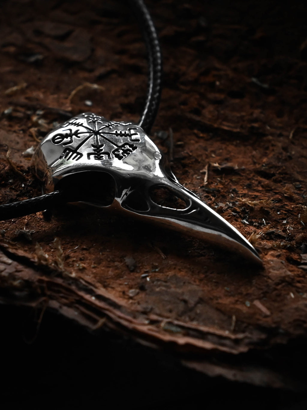 Raven Skull with Vegvisir Symbol, Sterling Silver 925 — Viking Symbol Pendant