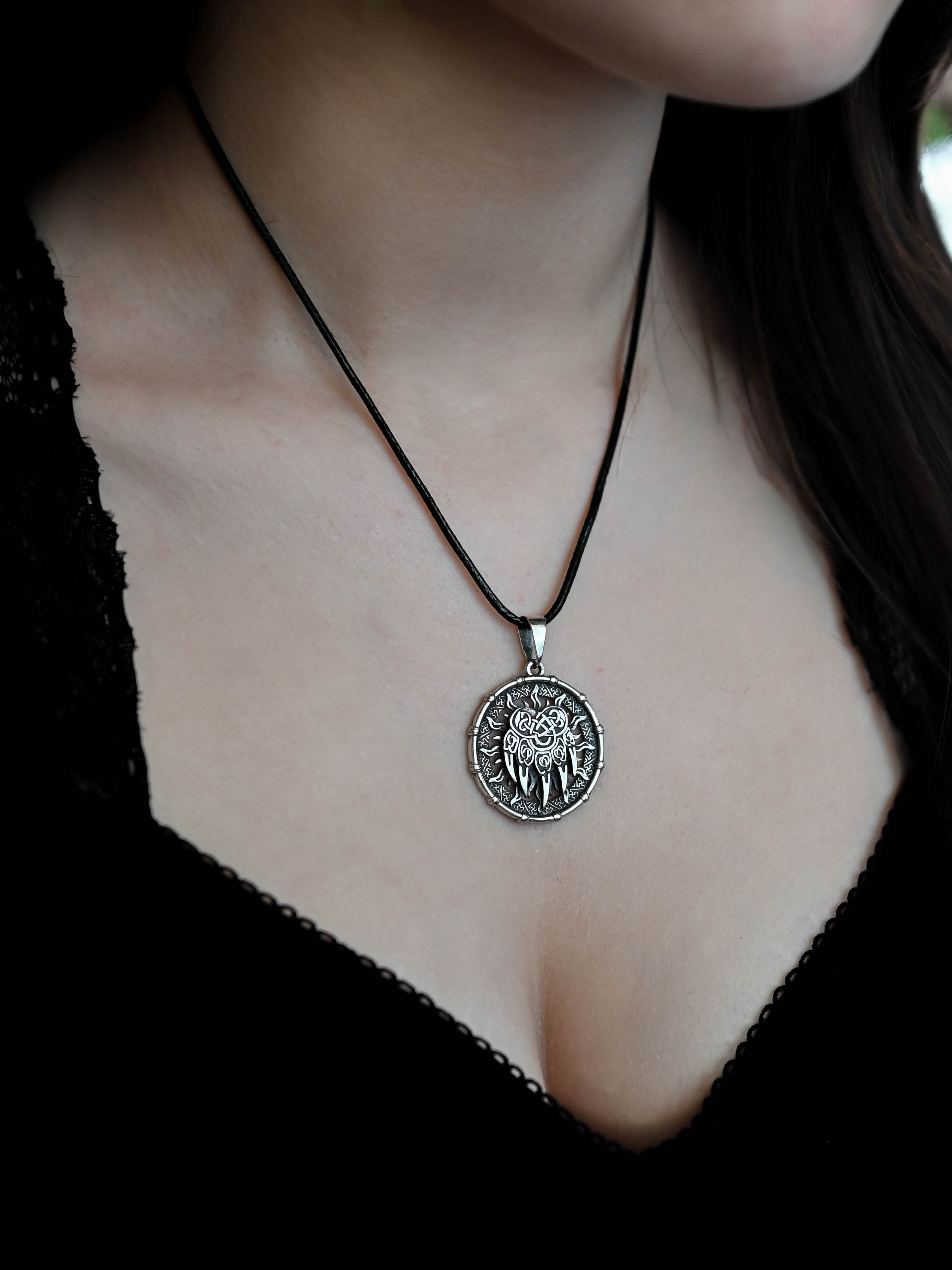 Bear Paw Amulet in Sun Disc, Sterling Silver 925 — Viking, Norse & Slavic Symbol Pendant