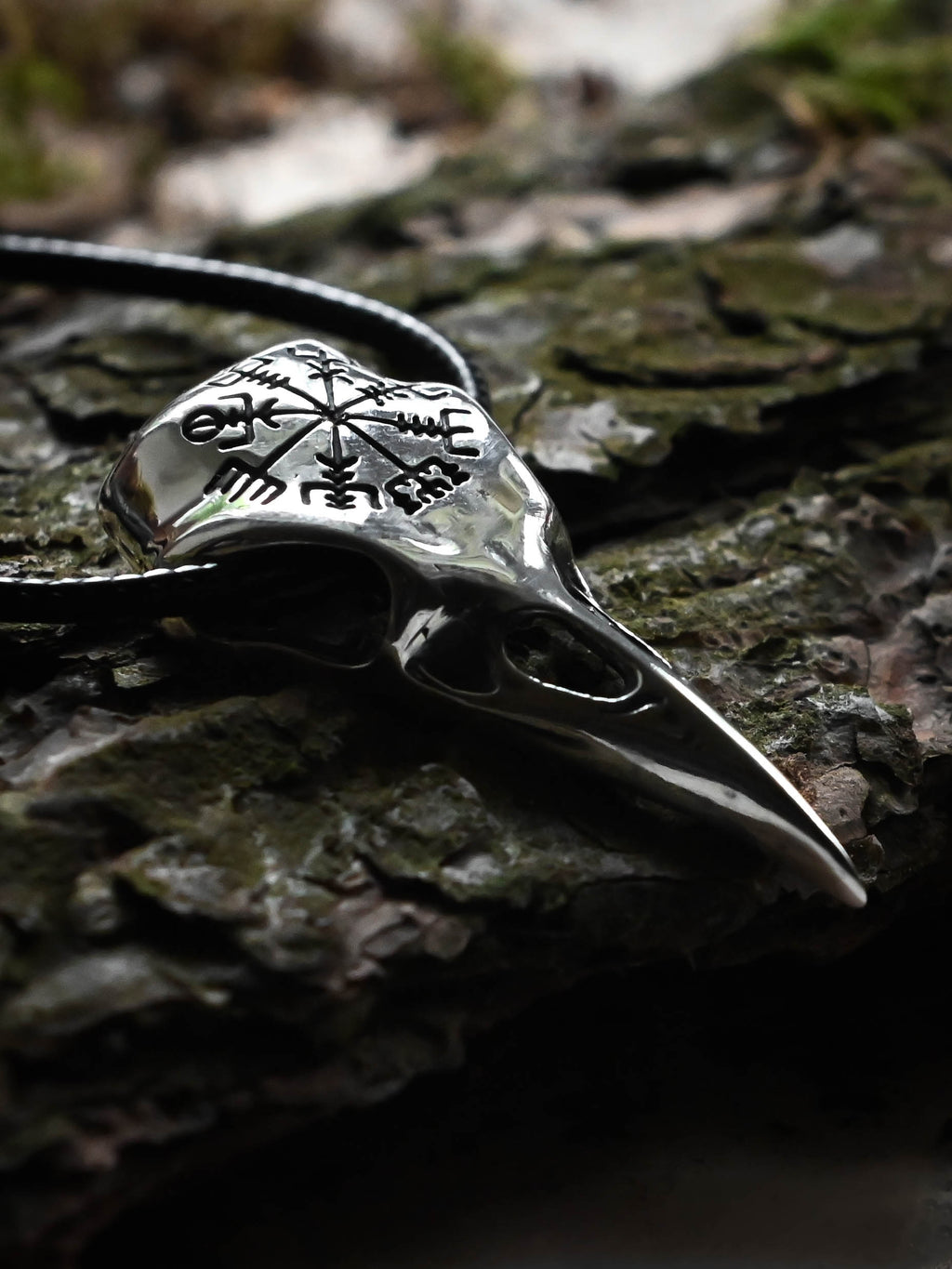 Raven Skull with Vegvisir Symbol, Sterling Silver 925 — Viking Symbol Pendant