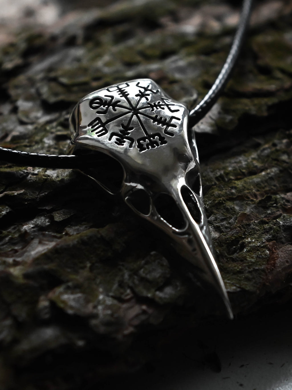 Raven Skull with Vegvisir Symbol, Sterling Silver 925 — Viking Symbol Pendant