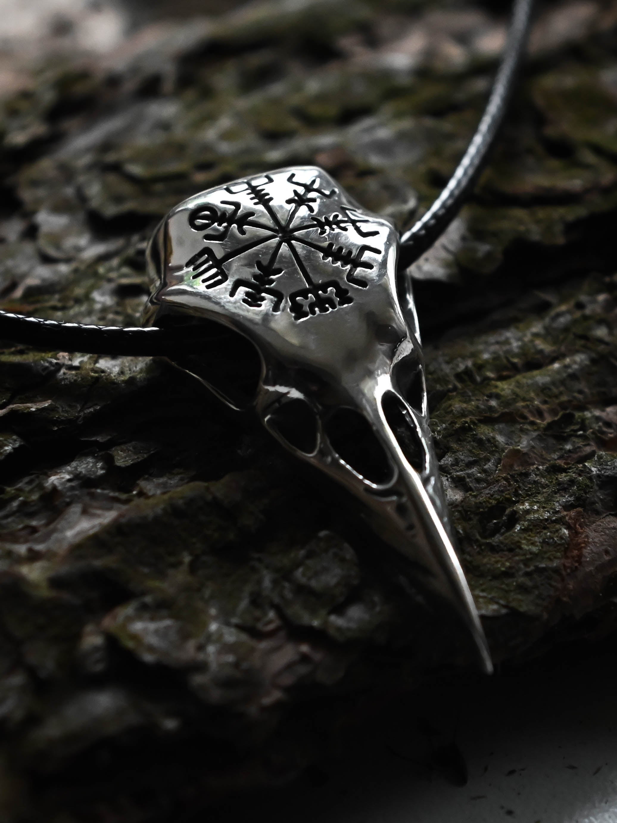 Raven Skull with Vegvisir Symbol, Sterling Silver 925 — Viking Symbol Pendant