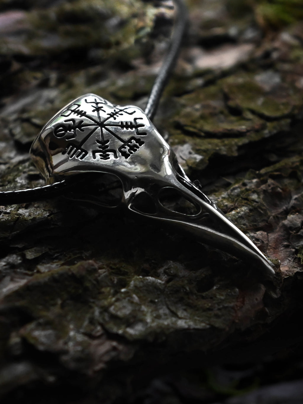 Raven Skull with Vegvisir Symbol, Sterling Silver 925 — Viking Symbol Pendant