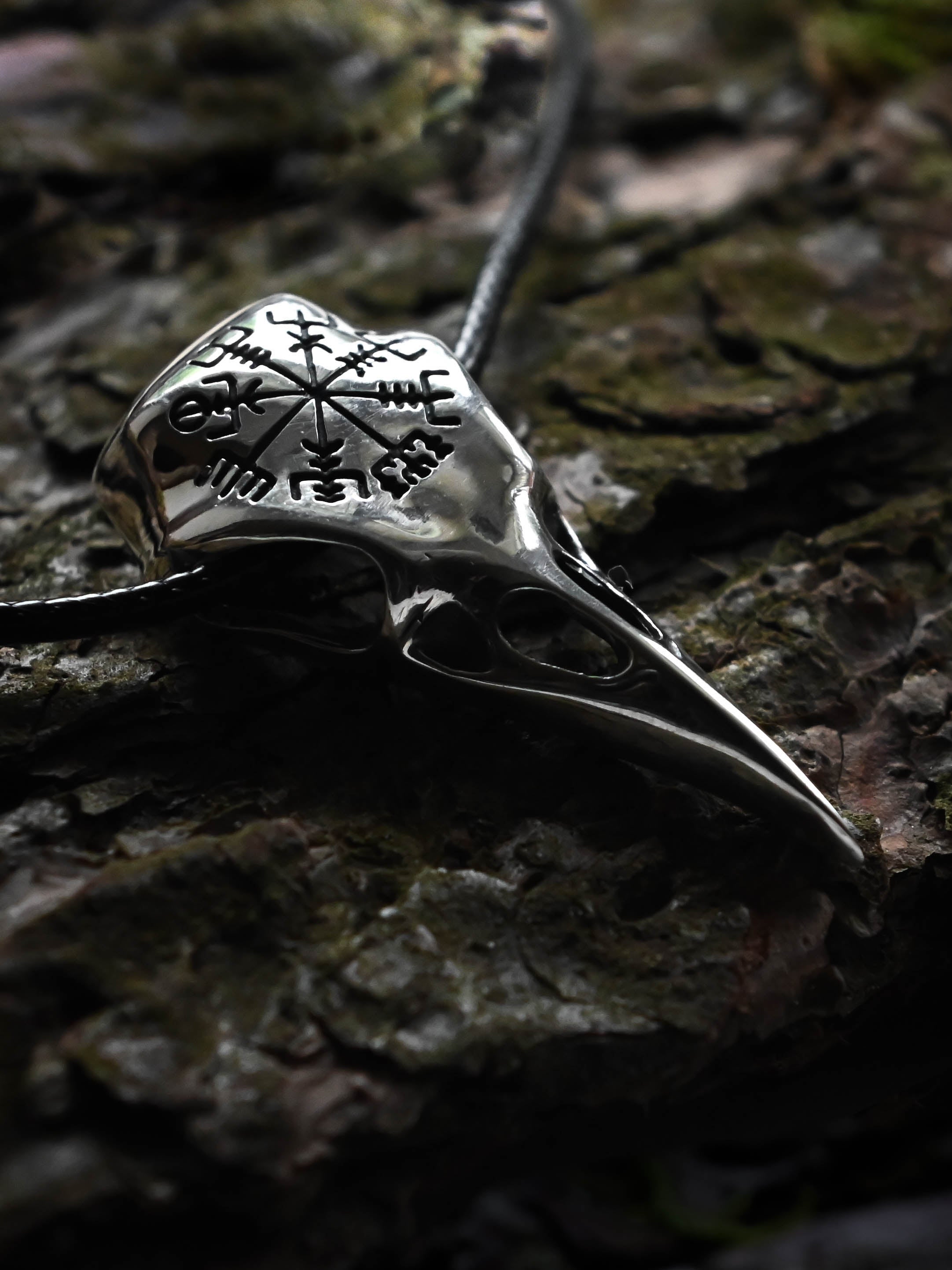 Raven Skull with Vegvisir Symbol, Sterling Silver 925 — Viking Symbol Pendant