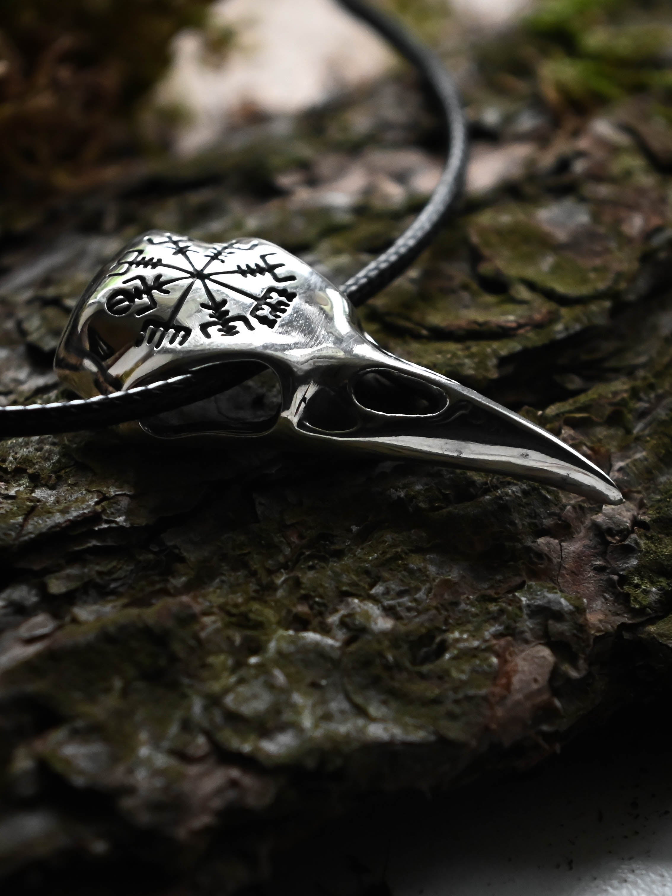 Raven Skull with Vegvisir Symbol, Sterling Silver 925 — Viking Symbol Pendant