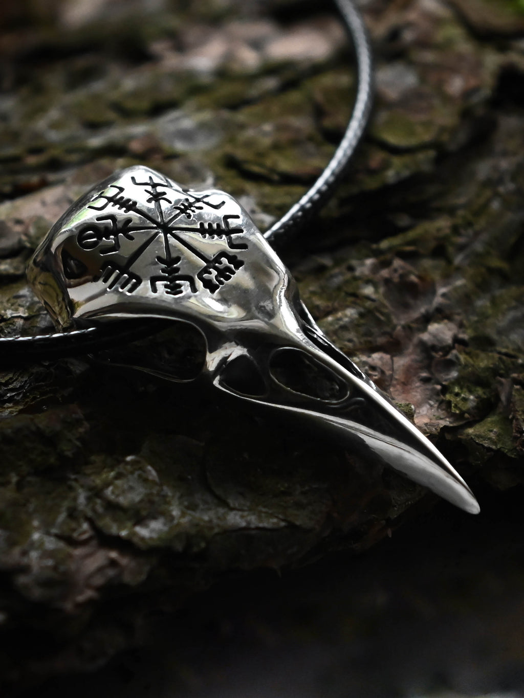 Raven Skull with Vegvisir Symbol, Sterling Silver 925 — Viking Symbol Pendant