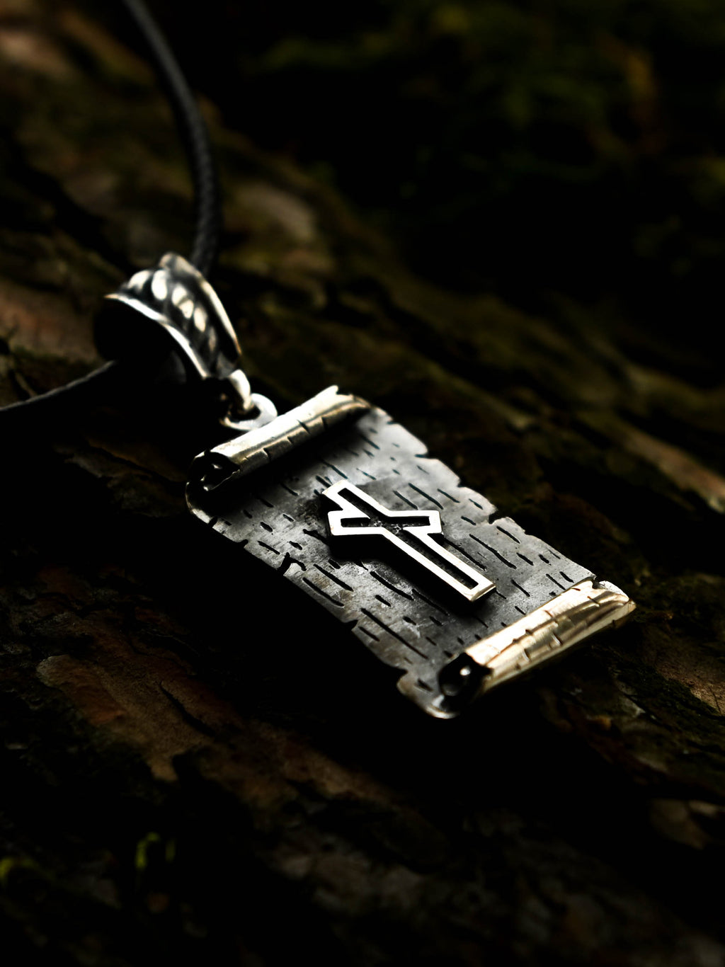 Nauthiz Rune Amulet on a Scroll, Sterling Silver 925 — Viking & Norse Symbol Pendant