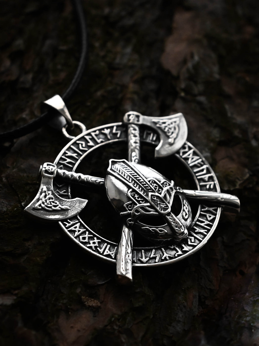 Viking Helmet Amulet in Futhark, Sterling Silver 925 — Viking Symbol Pendant