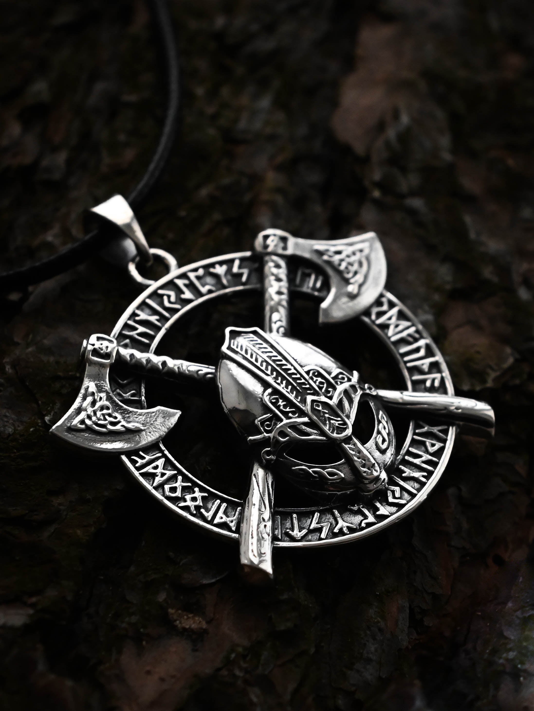 Viking Helmet Amulet in Futhark, Sterling Silver 925 — Viking Symbol Pendant
